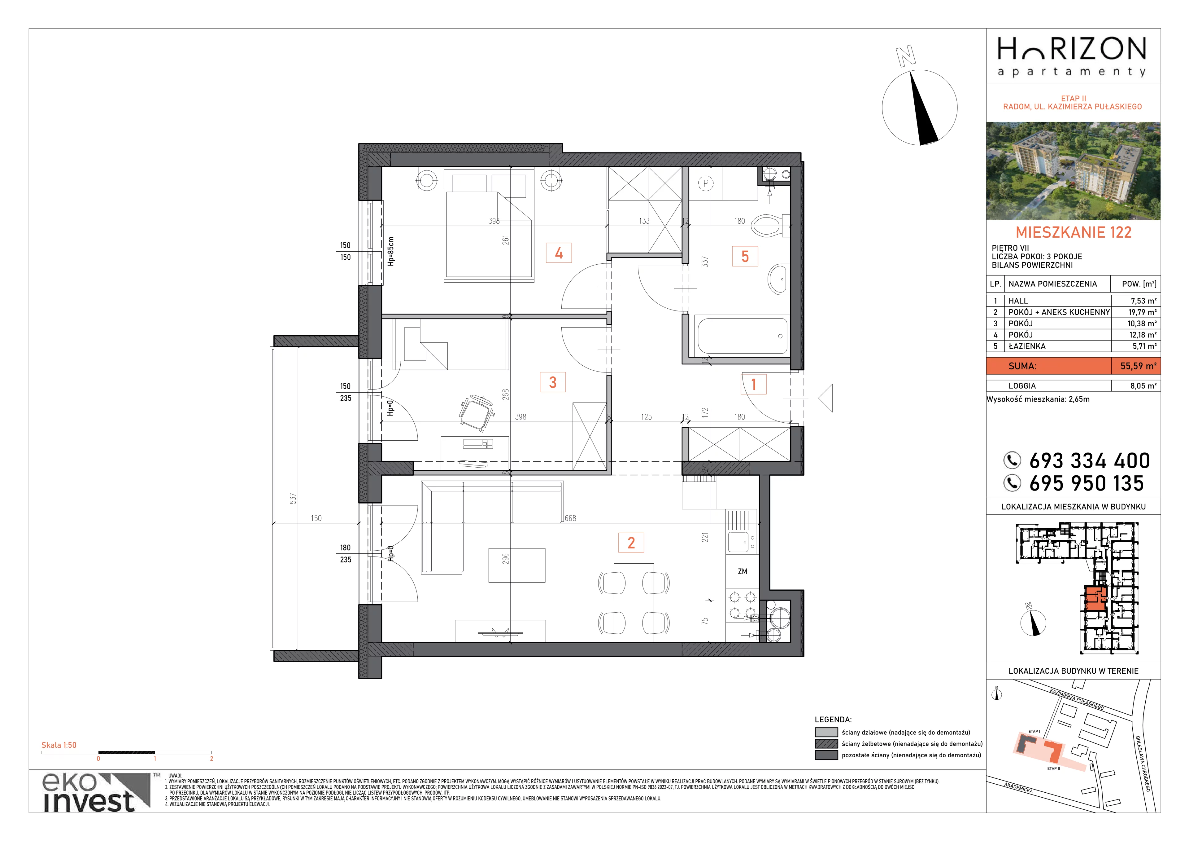 3 pokoje, mieszkanie 55,59 m², piętro 7, oferta nr 122, Apartamenty Horizon II etap, Radom, Akademickie, ul. Kazimierza Pułaskiego / Akademicka