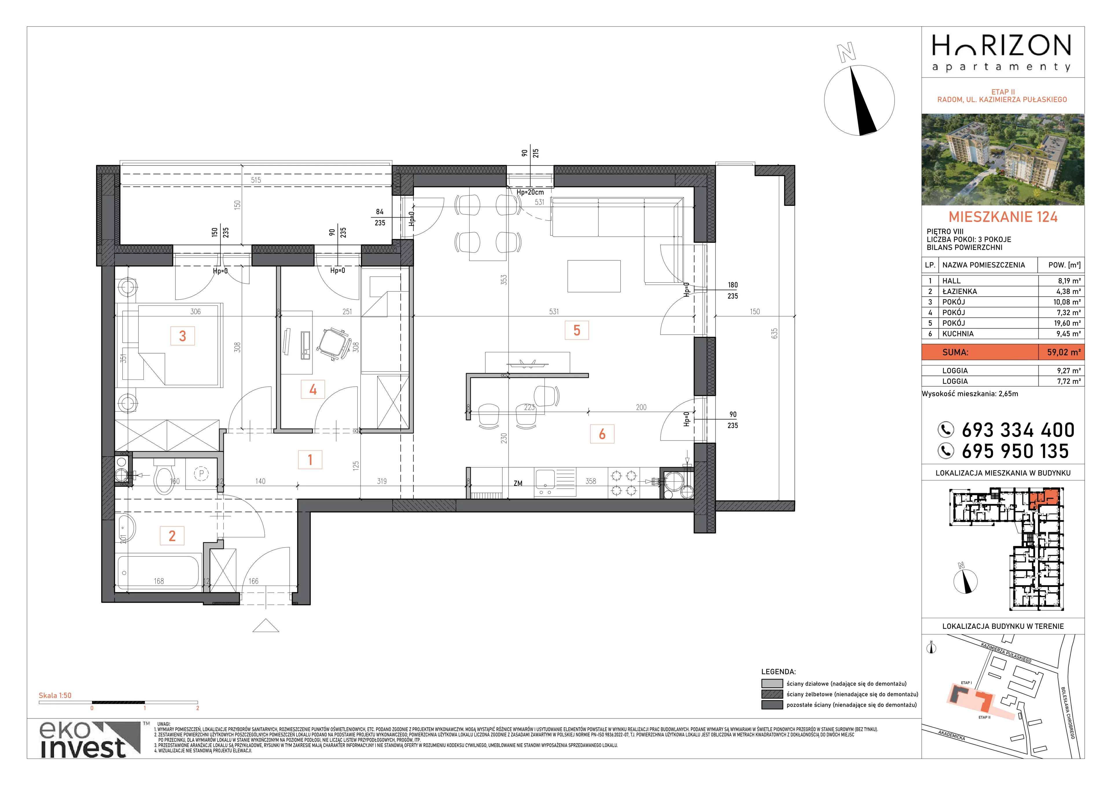 3 pokoje, mieszkanie 59,02 m², piętro 8, oferta nr 124, Apartamenty Horizon II etap, Radom, Akademickie, ul. Kazimierza Pułaskiego / Akademicka
