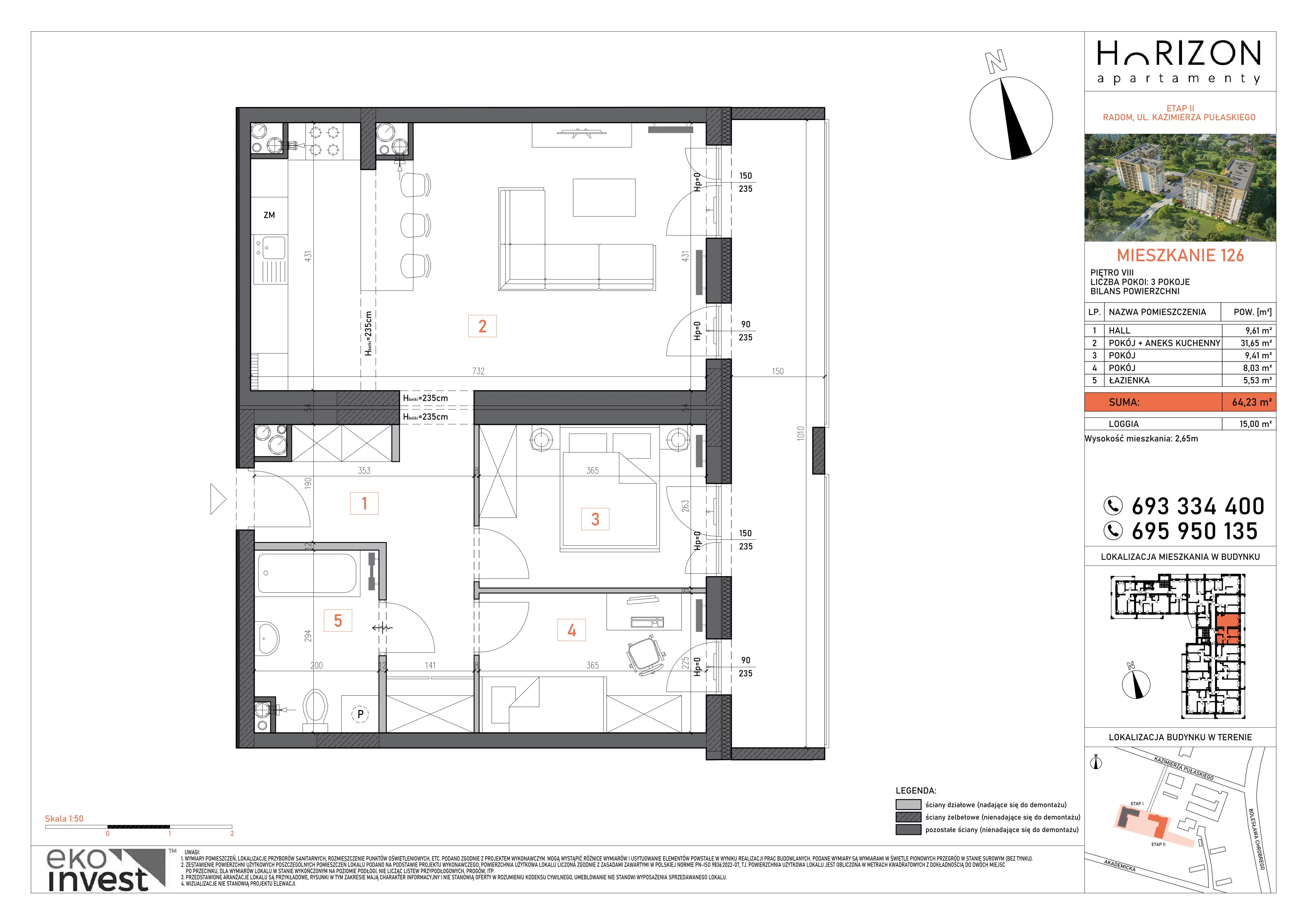 3 pokoje, mieszkanie 64,23 m², piętro 8, oferta nr 126, Apartamenty Horizon II etap, Radom, Akademickie, ul. Kazimierza Pułaskiego / Akademicka