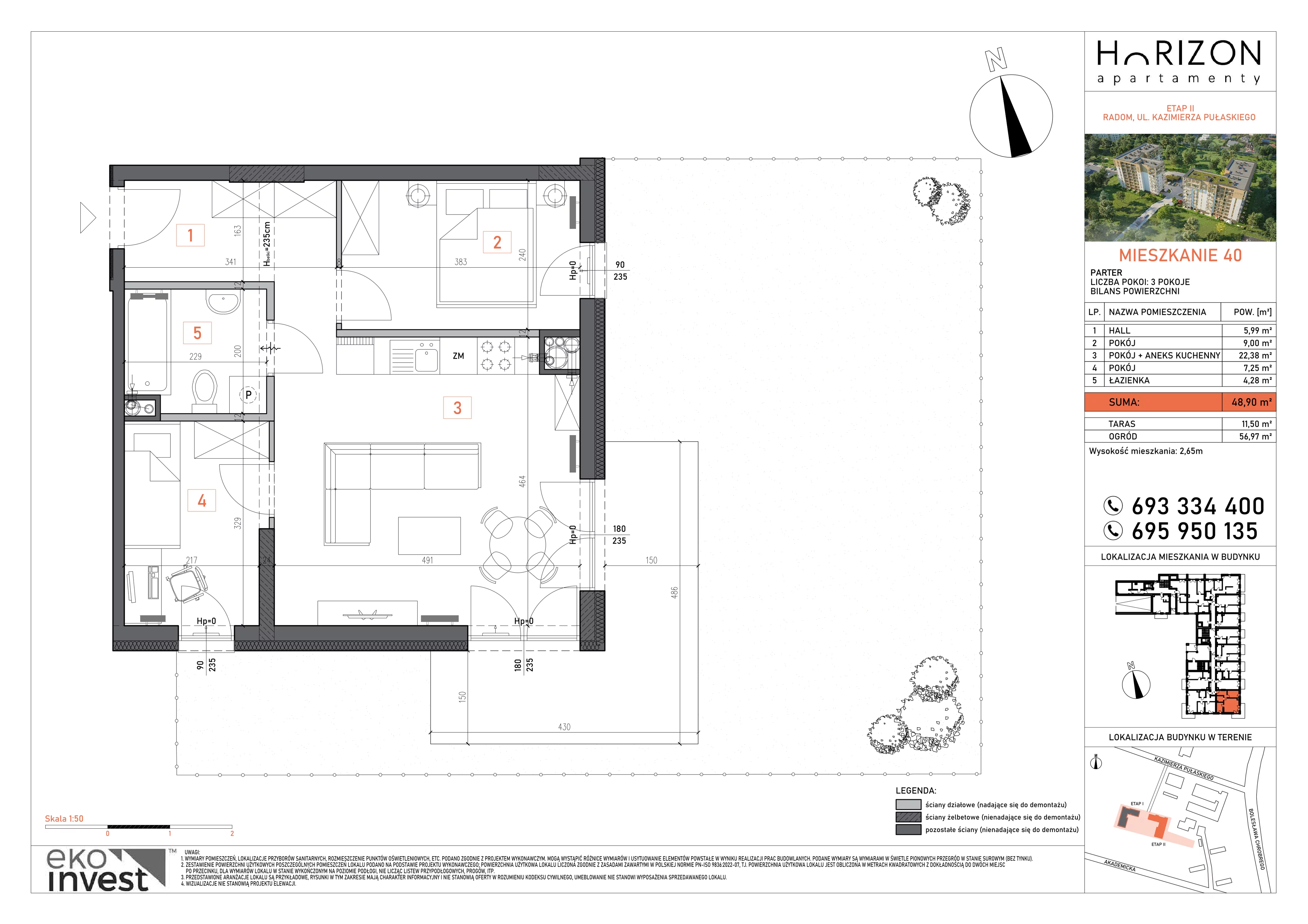 3 pokoje, mieszkanie 48,90 m², parter, oferta nr 40, Apartamenty Horizon II etap, Radom, Akademickie, ul. Kazimierza Pułaskiego / Akademicka