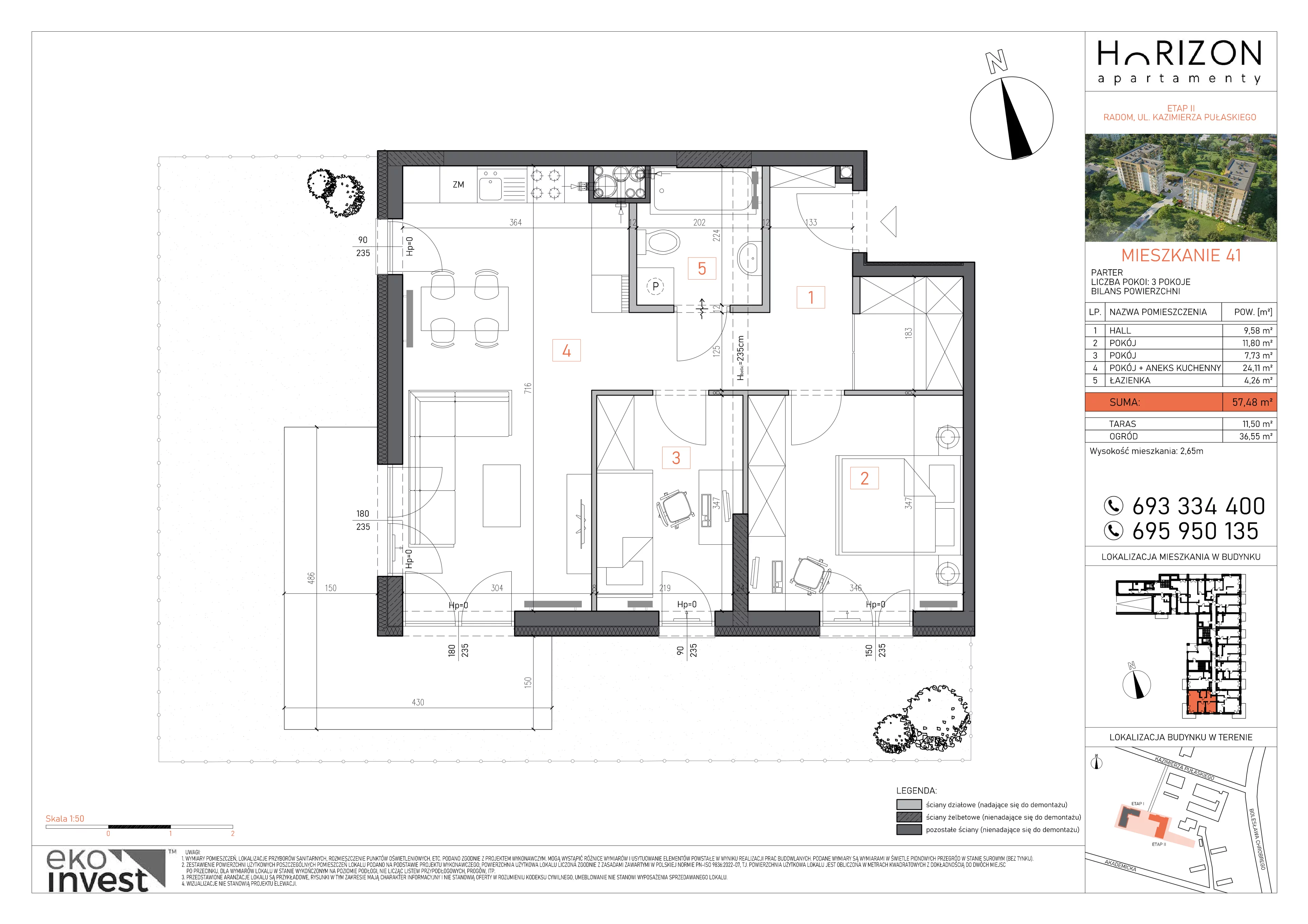 3 pokoje, mieszkanie 57,48 m², parter, oferta nr 41, Apartamenty Horizon II etap, Radom, Akademickie, ul. Kazimierza Pułaskiego / Akademicka