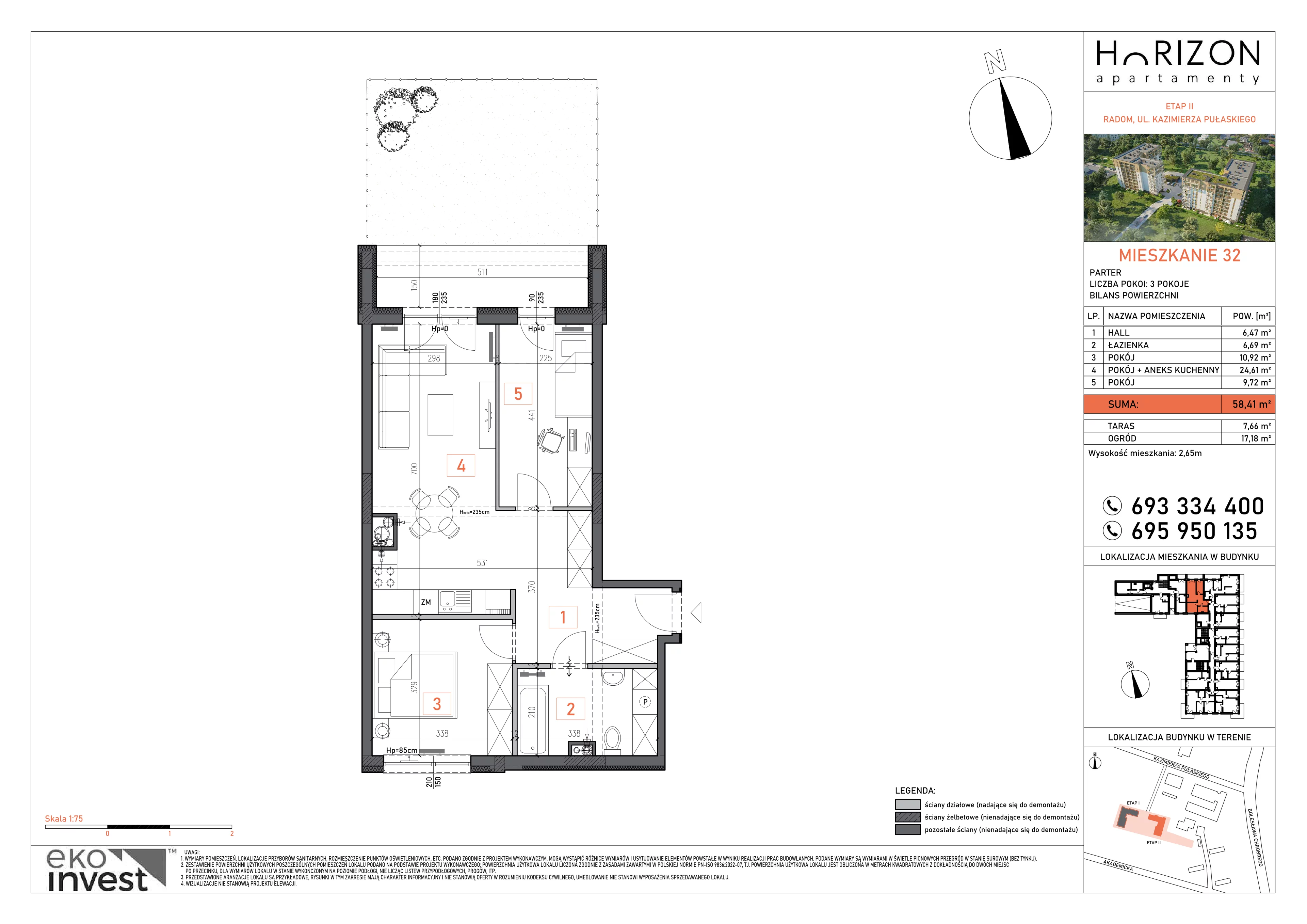 3 pokoje, mieszkanie 58,41 m², parter, oferta nr 32, Apartamenty Horizon II etap, Radom, Akademickie, ul. Kazimierza Pułaskiego / Akademicka