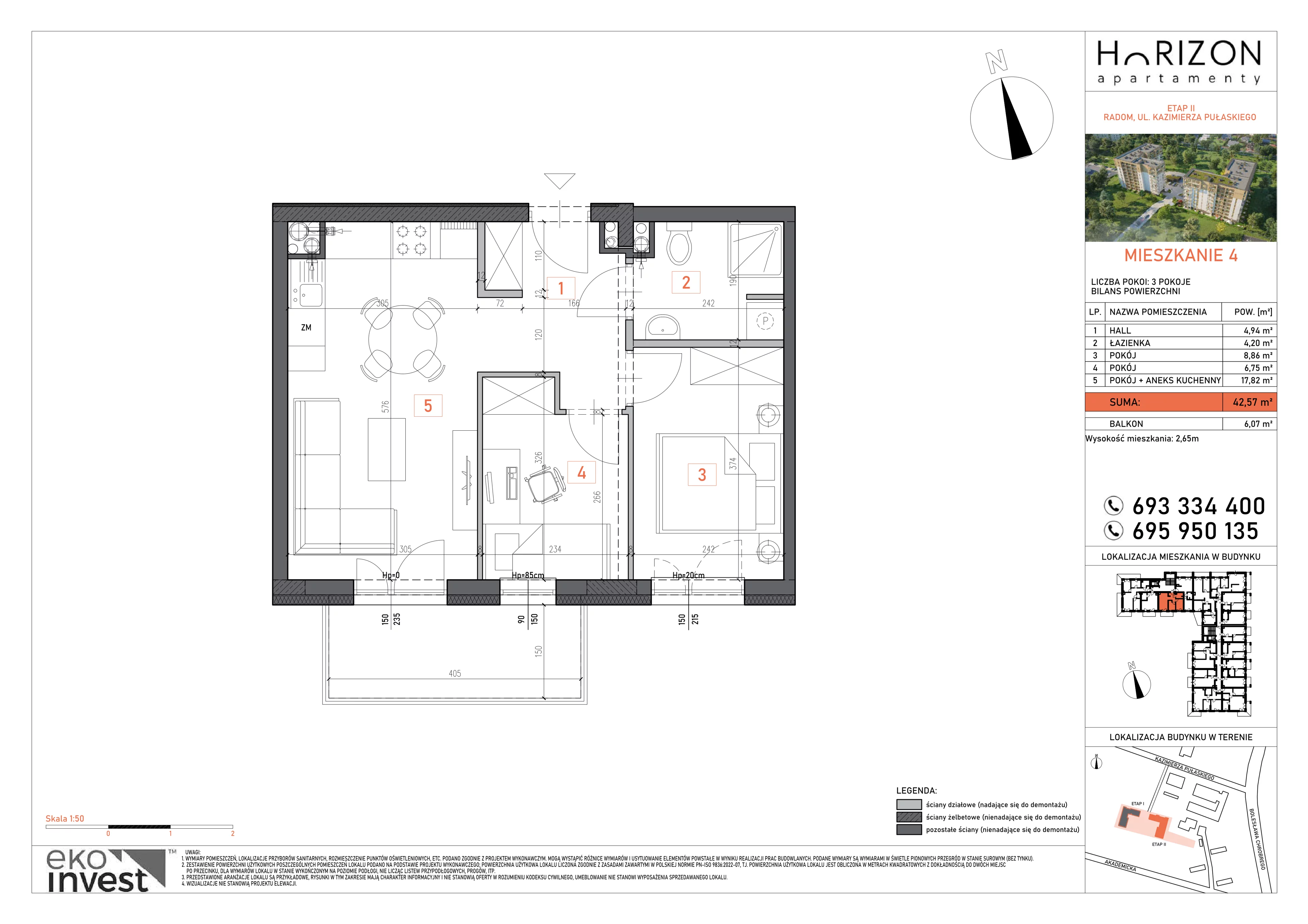 3 pokoje, mieszkanie 42,57 m², piętro 1, oferta nr 4, Apartamenty Horizon II etap, Radom, Akademickie, ul. Kazimierza Pułaskiego / Akademicka