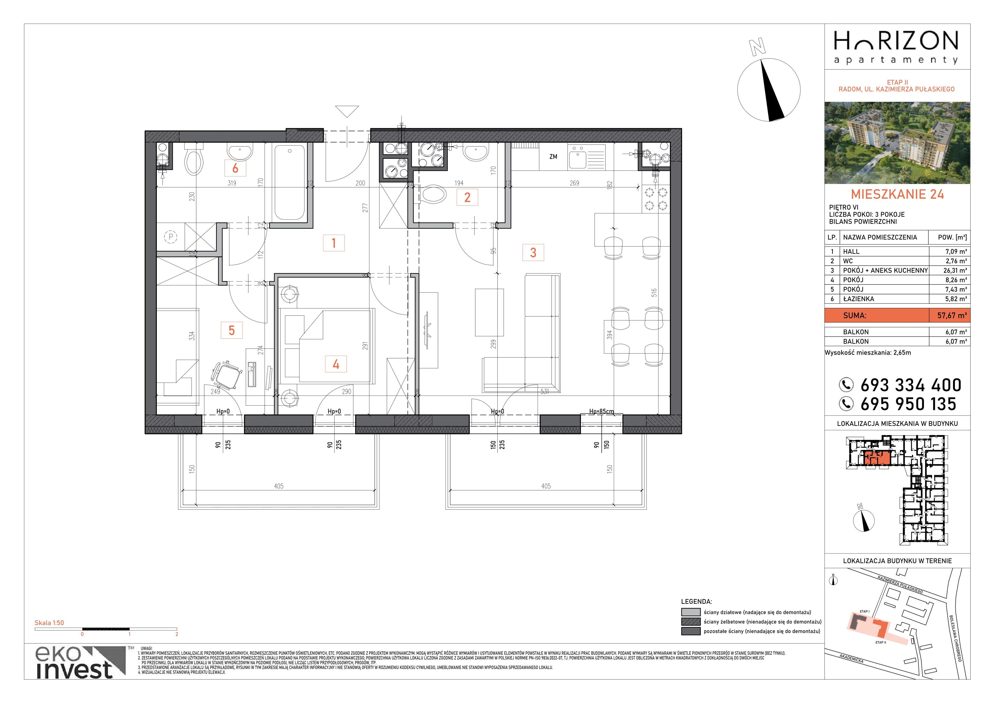 3 pokoje, mieszkanie 57,67 m², piętro 6, oferta nr 24, Apartamenty Horizon II etap, Radom, Akademickie, ul. Kazimierza Pułaskiego / Akademicka