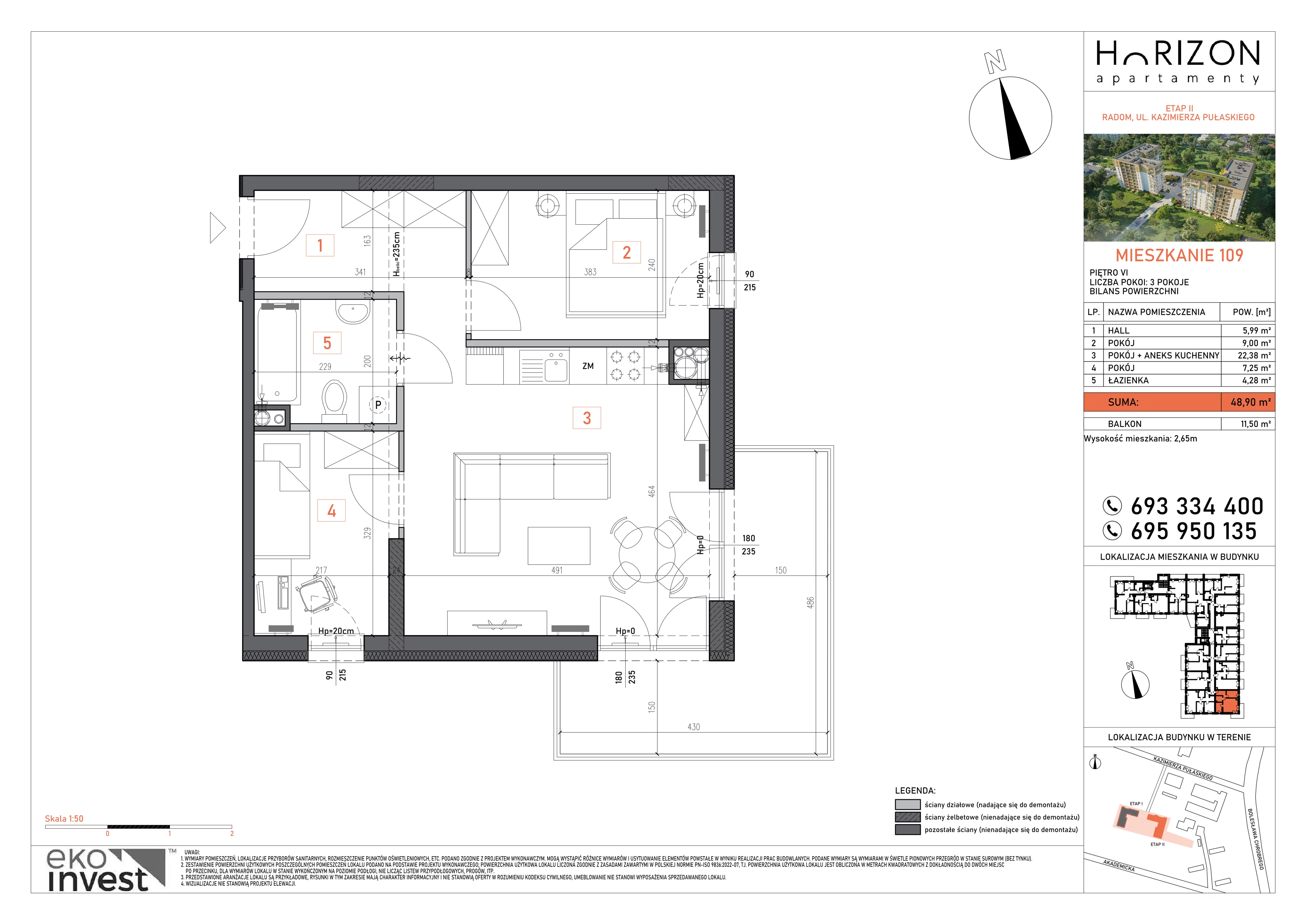 3 pokoje, mieszkanie 48,90 m², piętro 6, oferta nr 109, Apartamenty Horizon II etap, Radom, Akademickie, ul. Kazimierza Pułaskiego / Akademicka