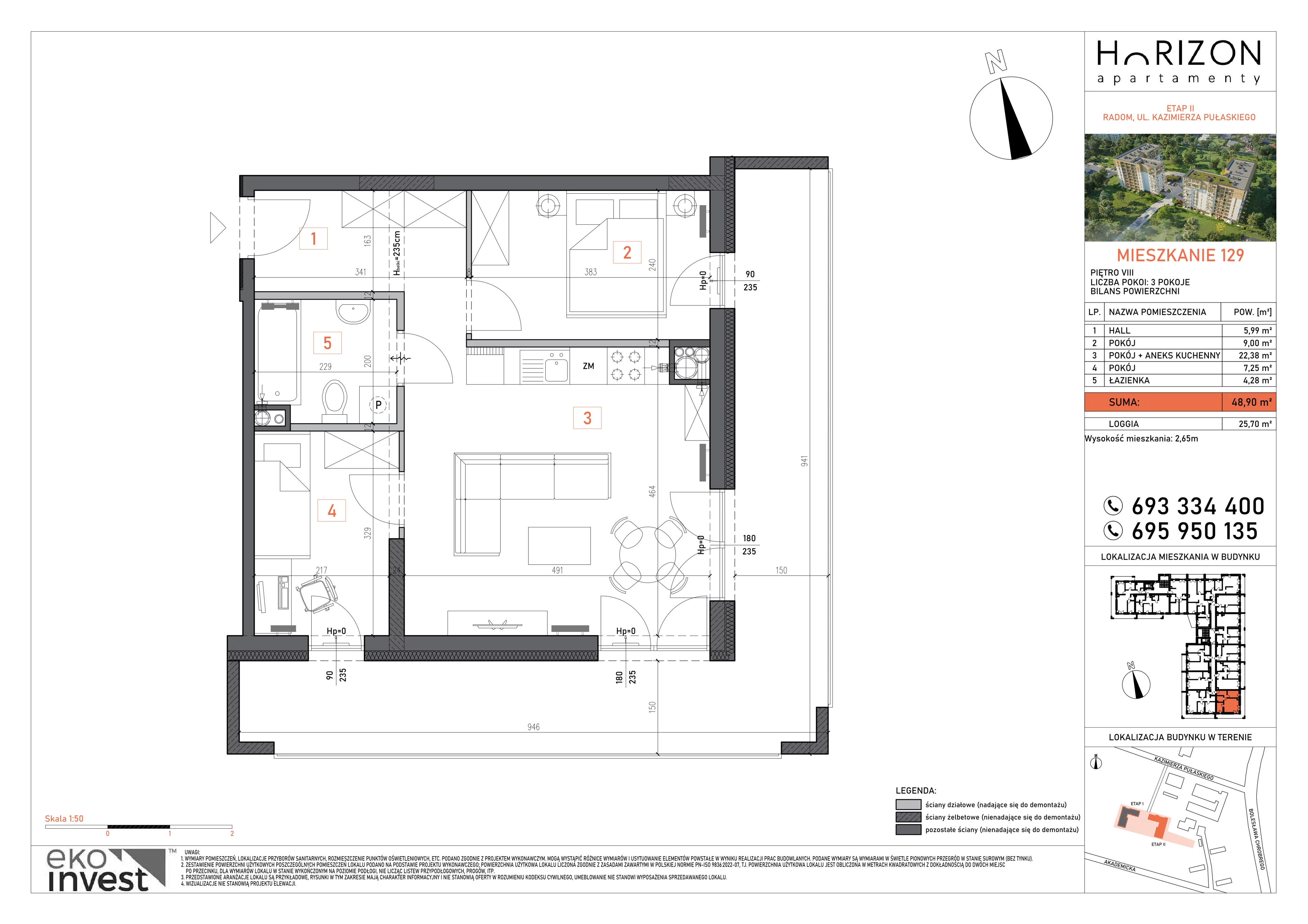 3 pokoje, mieszkanie 48,90 m², piętro 8, oferta nr 129, Apartamenty Horizon II etap, Radom, Akademickie, ul. Kazimierza Pułaskiego / Akademicka