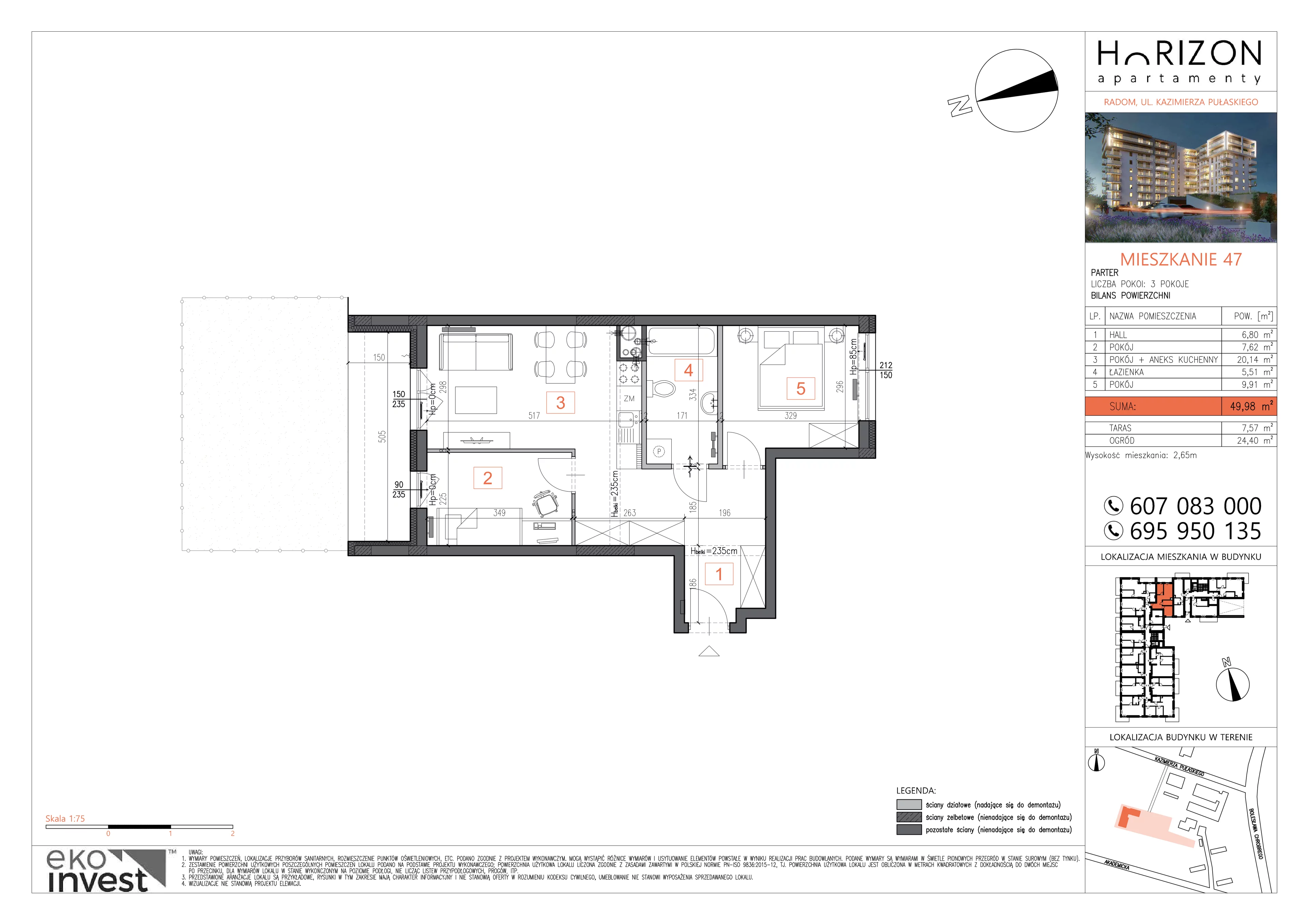 3 pokoje, mieszkanie 49,98 m², parter, oferta nr M47, Horizon Apartamenty, Radom, Akademickie, ul. Kazimierza Pułaskiego / Akademicka