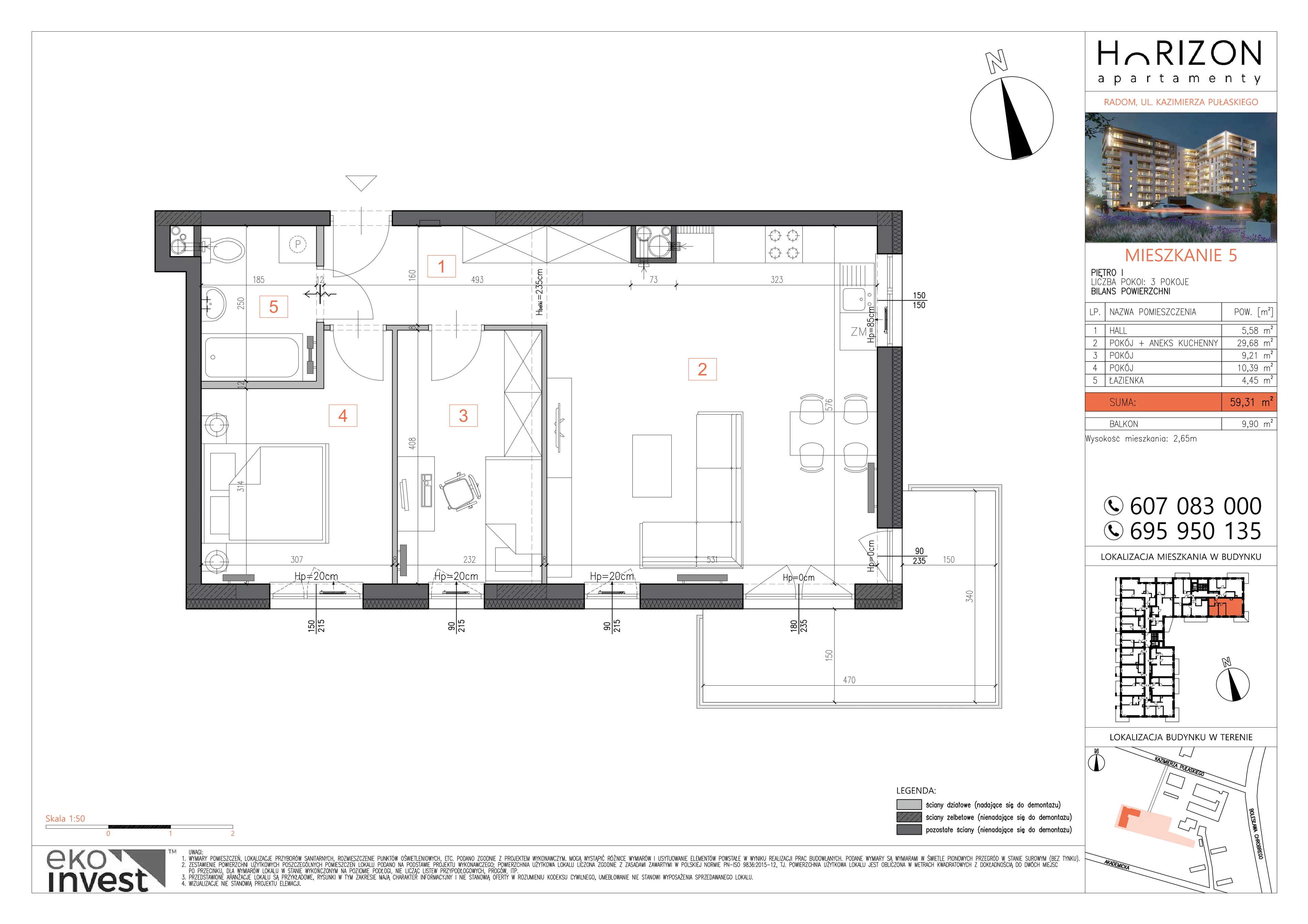 3 pokoje, mieszkanie 59,31 m², piętro 1, oferta nr M5, Horizon Apartamenty, Radom, Akademickie, ul. Kazimierza Pułaskiego / Akademicka