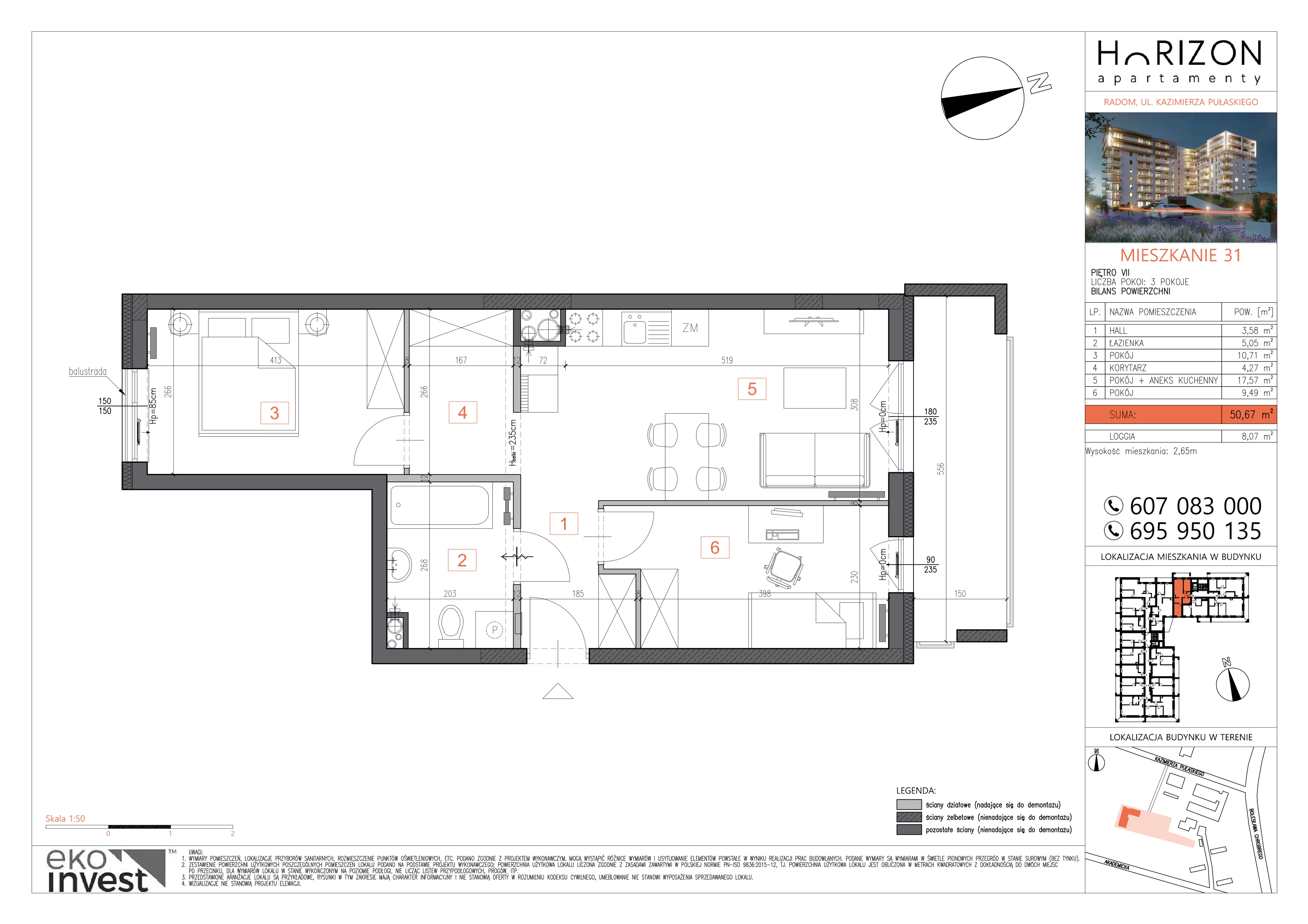 3 pokoje, mieszkanie 50,67 m², piętro 7, oferta nr M31, Horizon Apartamenty, Radom, Akademickie, ul. Kazimierza Pułaskiego / Akademicka
