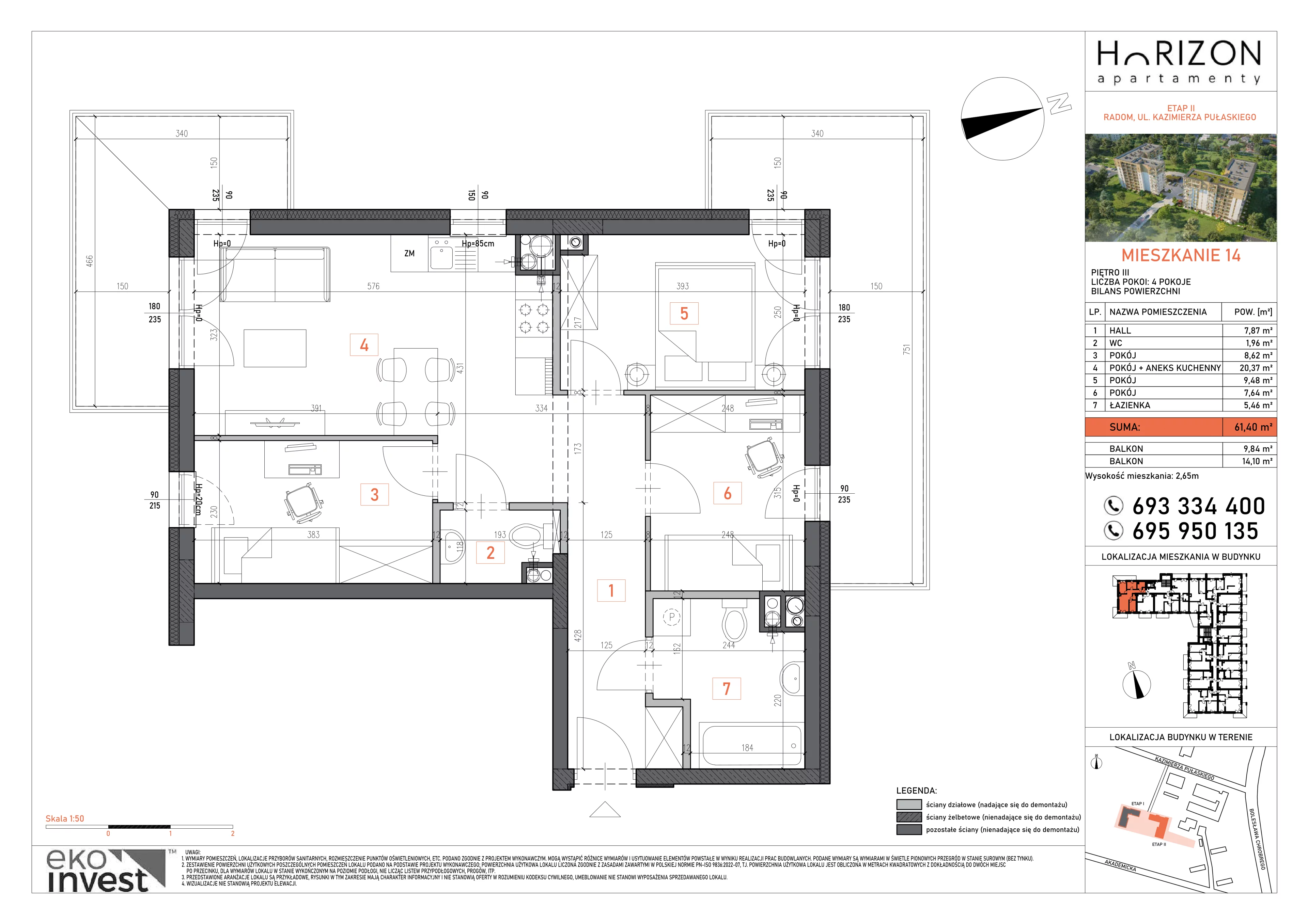 4 pokoje, mieszkanie 61,40 m², piętro 3, oferta nr 14, Apartamenty Horizon II etap, Radom, Akademickie, ul. Kazimierza Pułaskiego / Akademicka