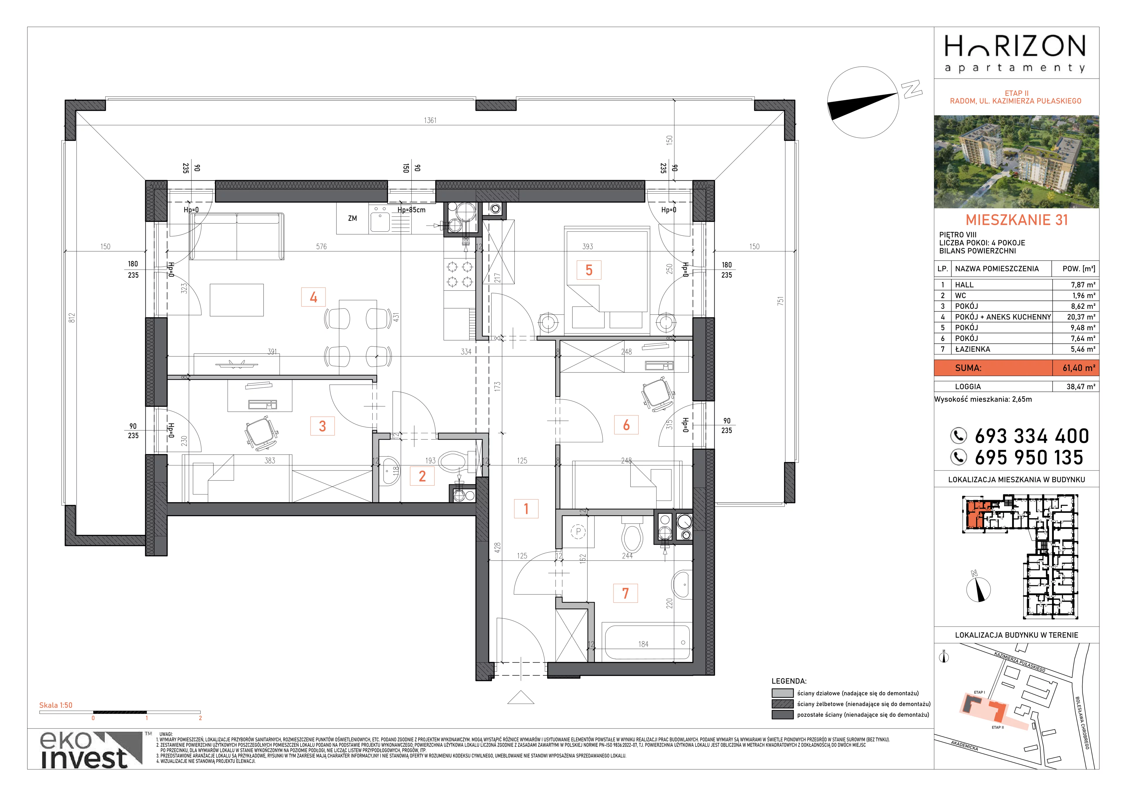 4 pokoje, mieszkanie 61,40 m², piętro 8, oferta nr 31, Apartamenty Horizon II etap, Radom, Akademickie, ul. Kazimierza Pułaskiego / Akademicka