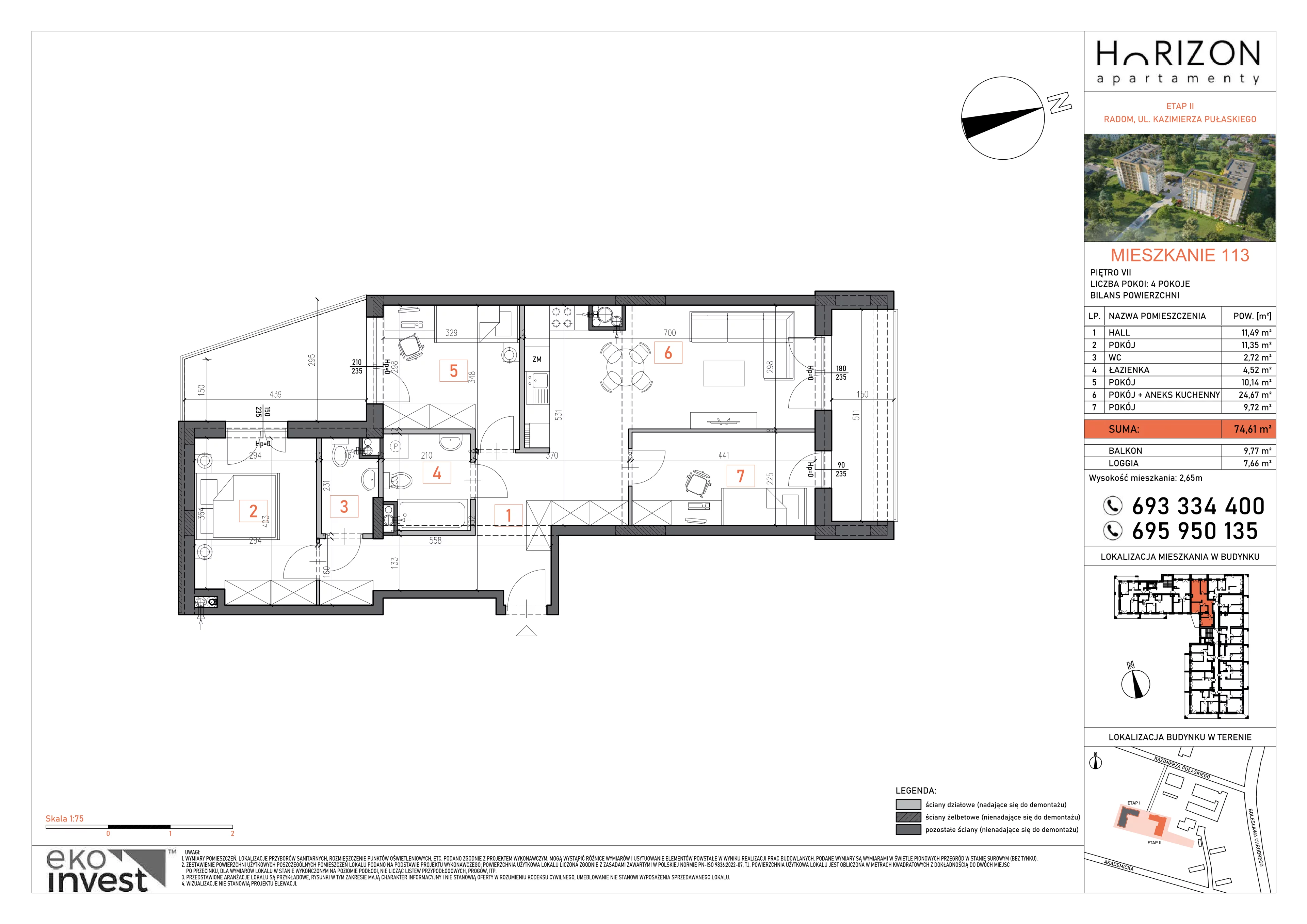 4 pokoje, mieszkanie 74,61 m², piętro 7, oferta nr 113, Apartamenty Horizon II etap, Radom, Akademickie, ul. Kazimierza Pułaskiego / Akademicka