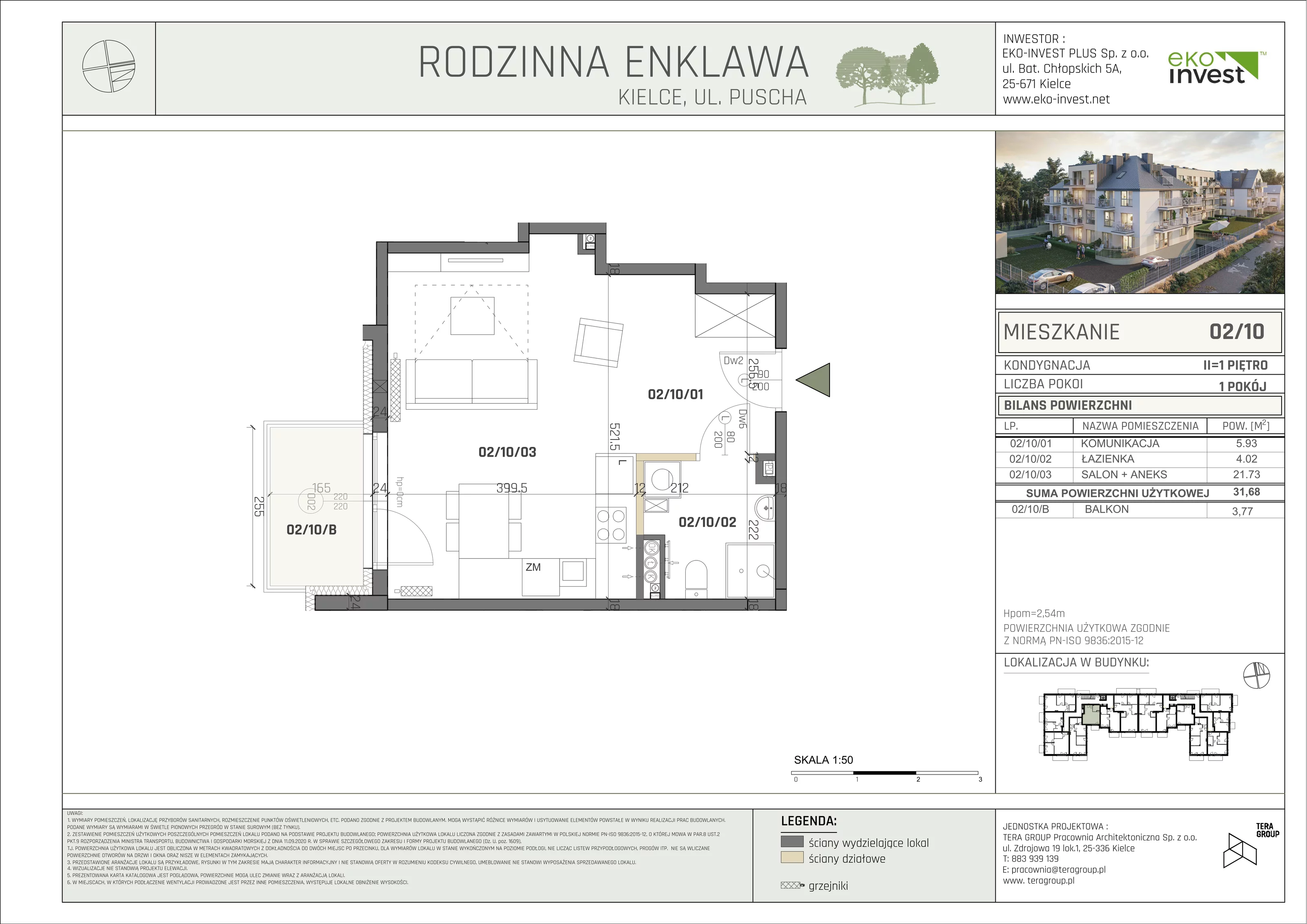 Mieszkanie 31,68 m², piętro 1, oferta nr M/02/10, Rodzinna Enklawa, Kielce, Ślichowice, Herby, ul. Jerzego Bogumiła Pusha