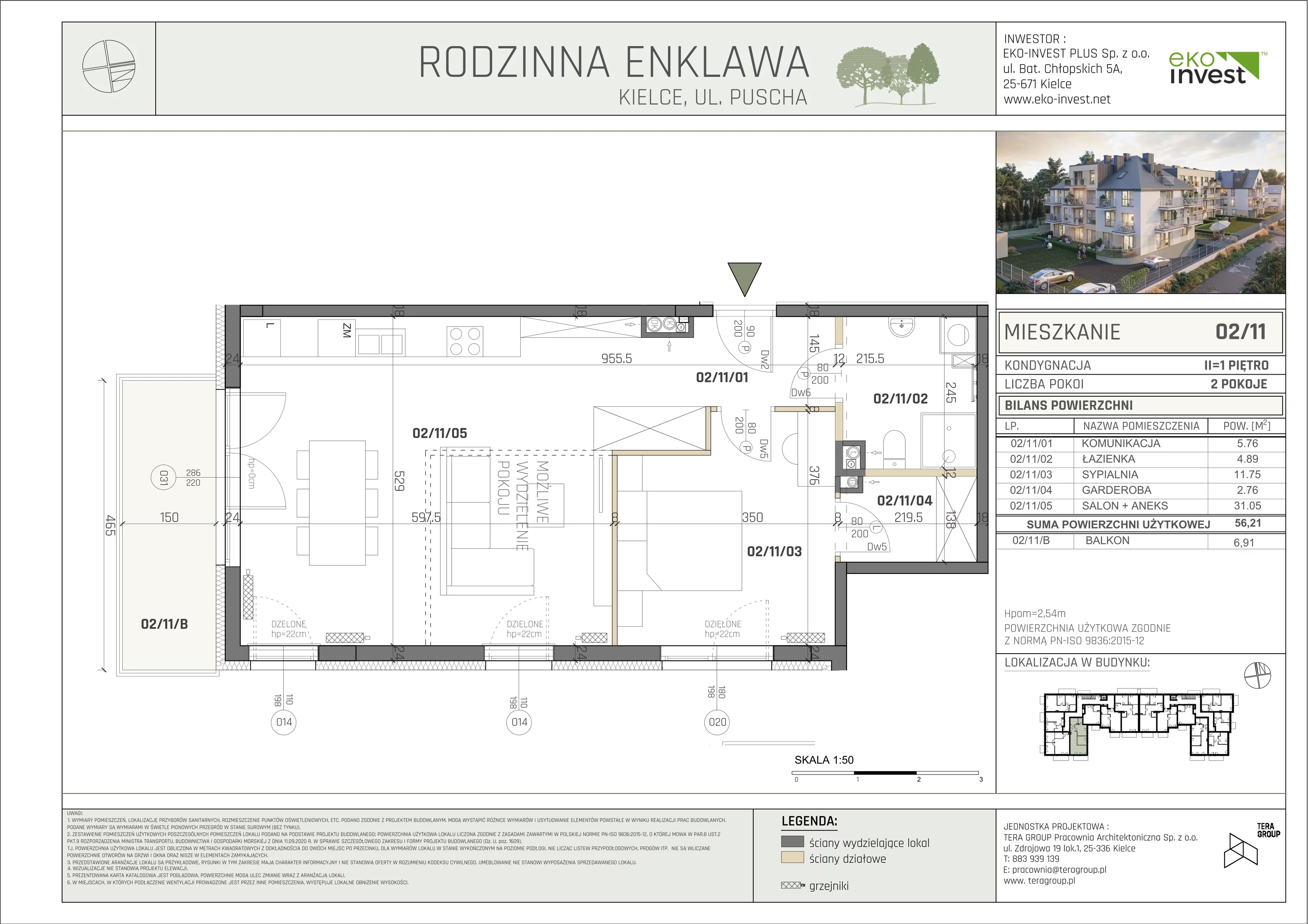 Mieszkanie 56,21 m², piętro 1, oferta nr M/02/11, Rodzinna Enklawa, Kielce, Ślichowice, Herby, ul. Jerzego Bogumiła Pusha