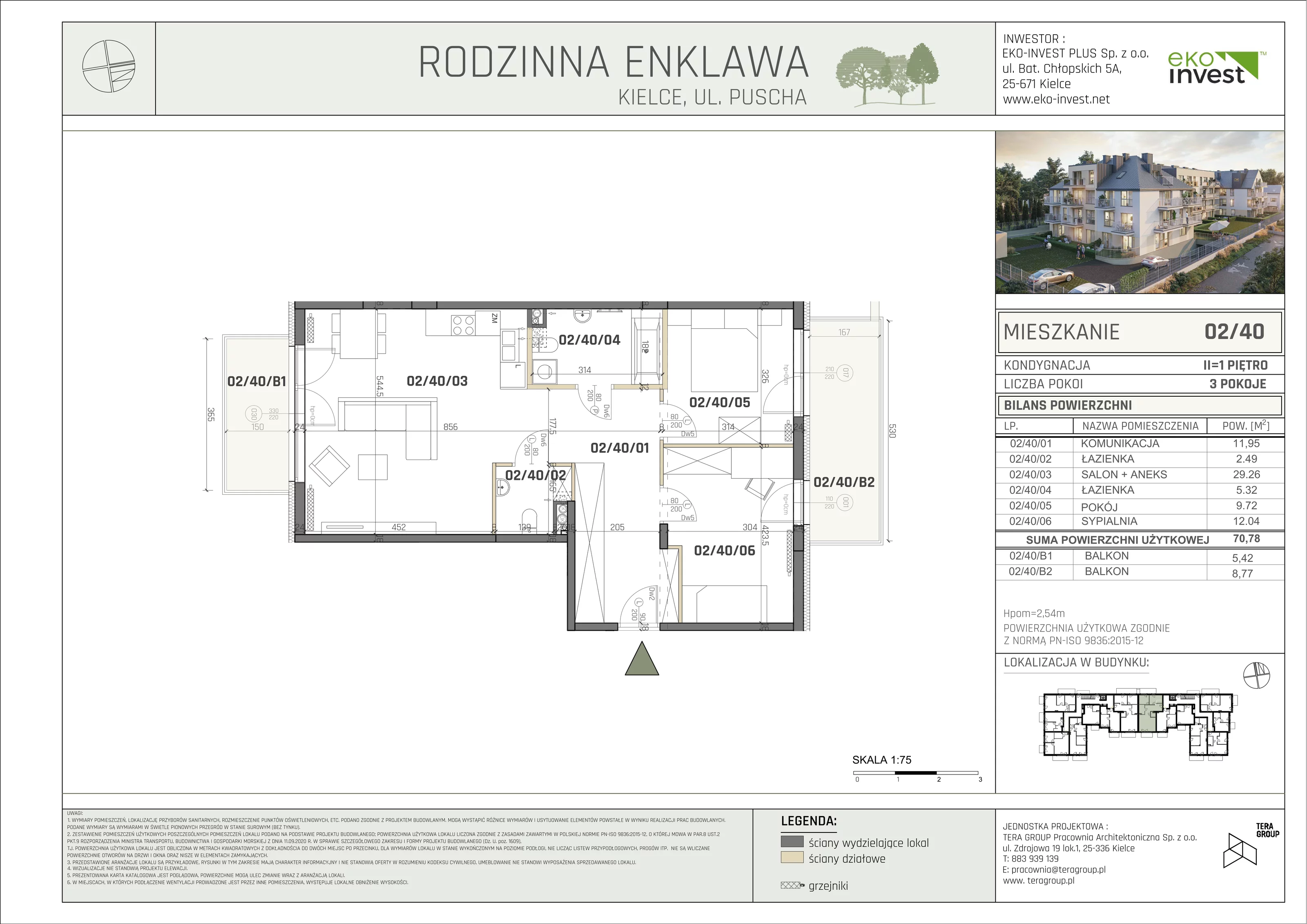 Mieszkanie 70,78 m², piętro 1, oferta nr M/02/40, Rodzinna Enklawa, Kielce, Ślichowice, Herby, ul. Jerzego Bogumiła Pusha