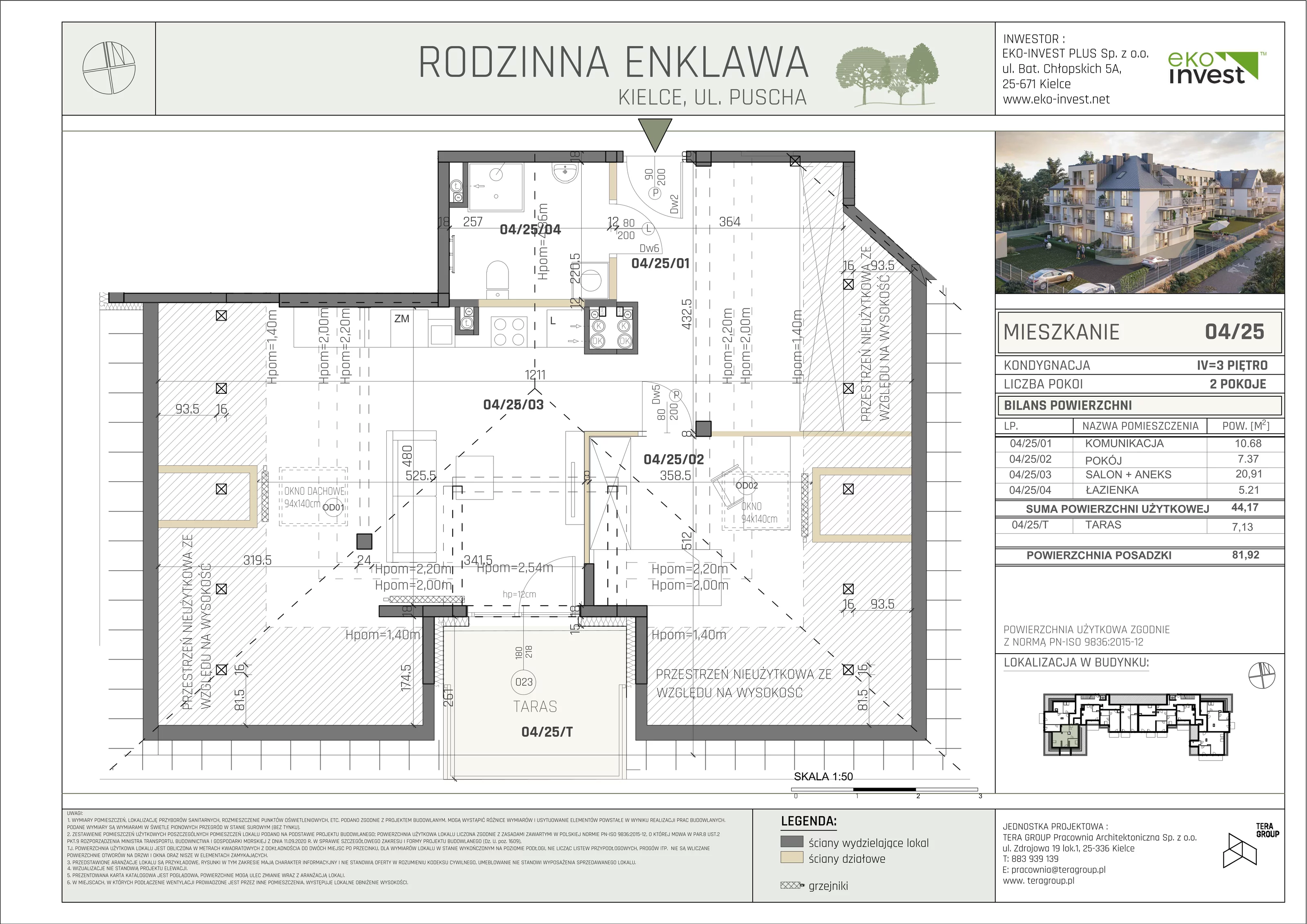 Mieszkanie 44,17 m², piętro 3, oferta nr M/04/25, Rodzinna Enklawa, Kielce, Ślichowice, Herby, ul. Jerzego Bogumiła Pusha