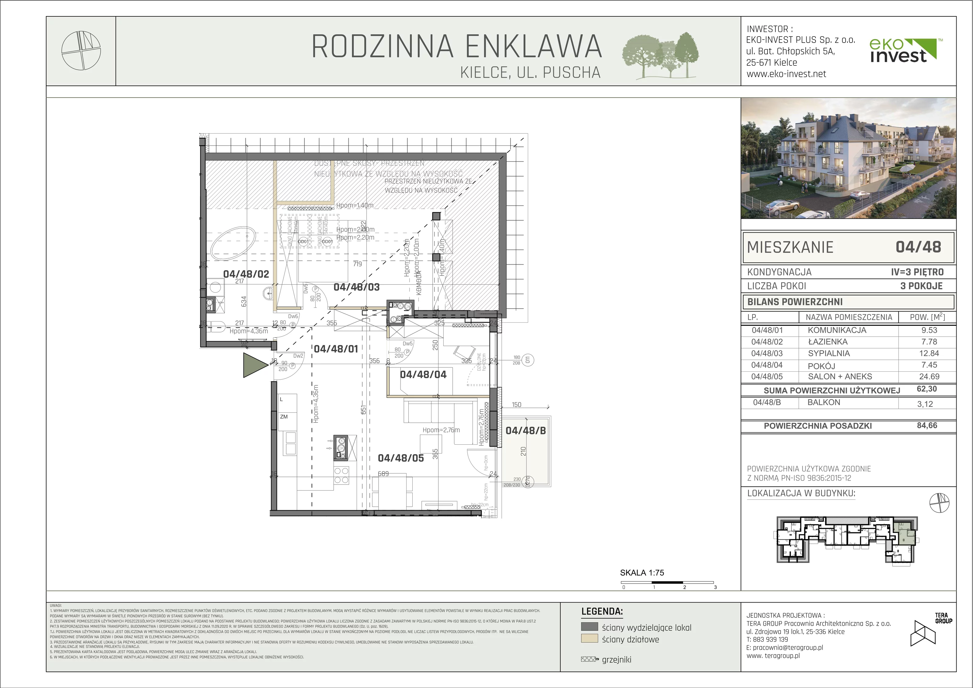 Mieszkanie 62,30 m², piętro 3, oferta nr M/04/48, Rodzinna Enklawa, Kielce, Ślichowice, Herby, ul. Jerzego Bogumiła Pusha