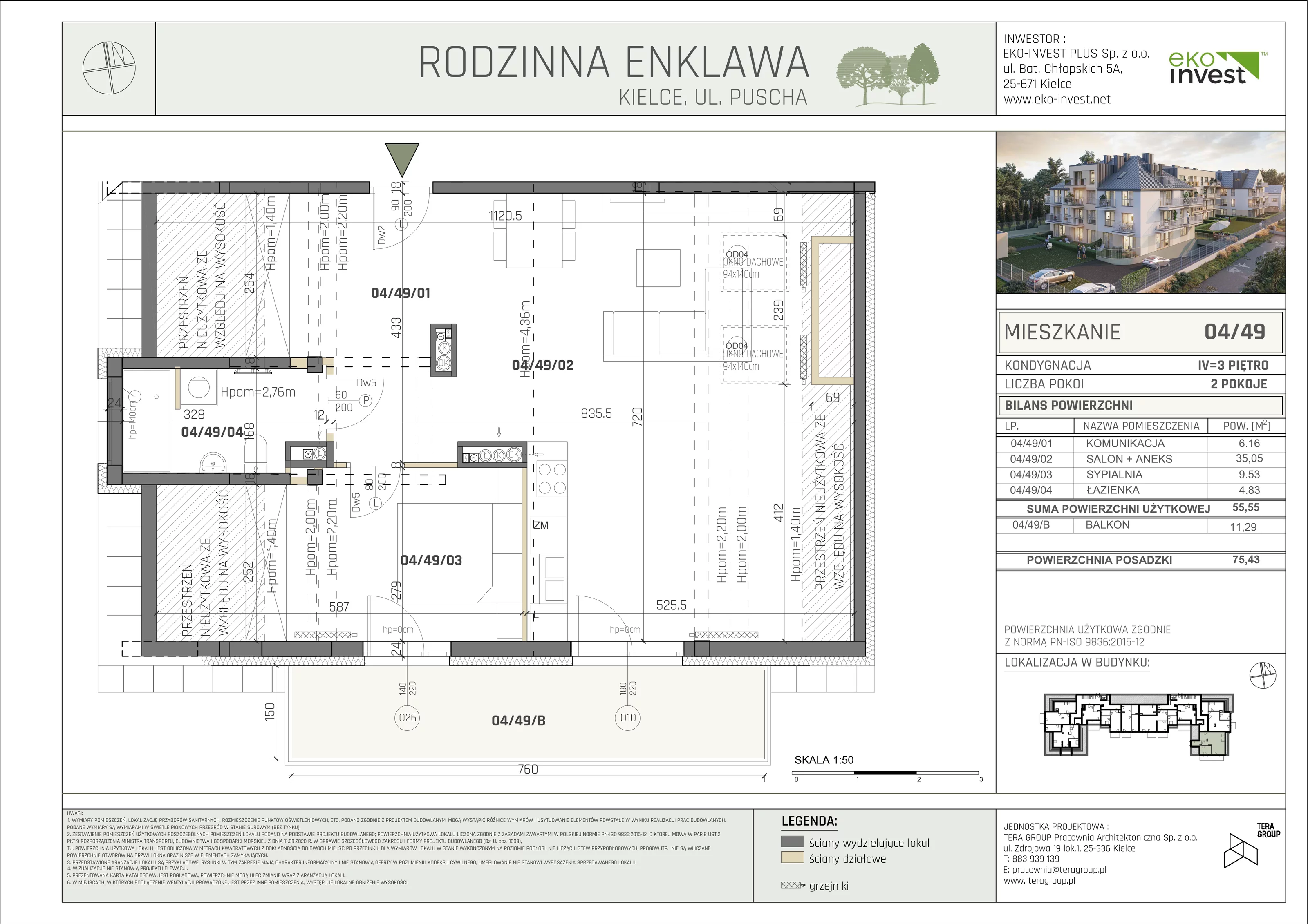 Mieszkanie 55,55 m², piętro 3, oferta nr M/04/49, Rodzinna Enklawa, Kielce, Ślichowice, Herby, ul. Jerzego Bogumiła Pusha