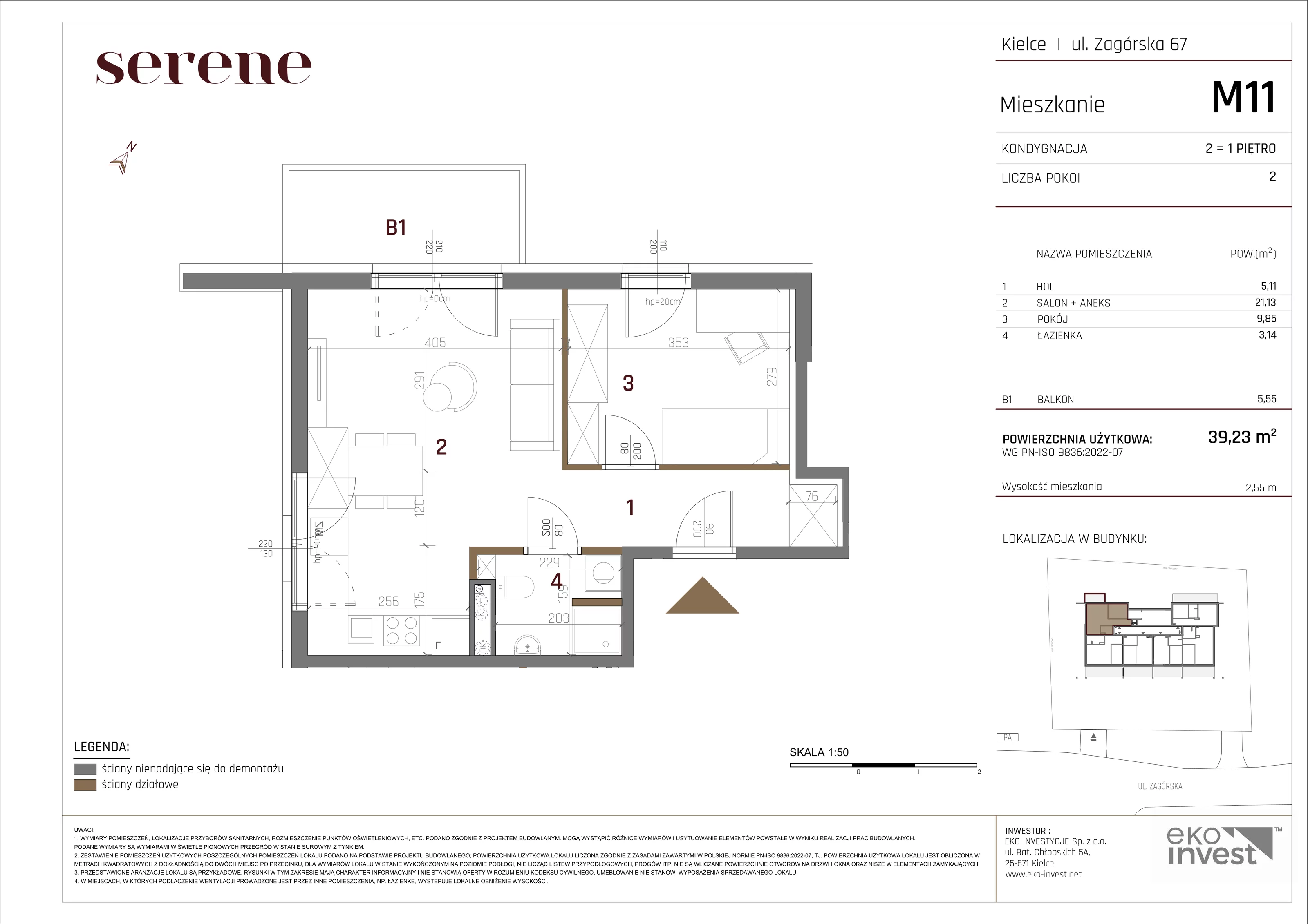 2 pokoje, mieszkanie 39,23 m², piętro 1, oferta nr M11, Apartamenty Serene , Kielce, KSM, ul. Zagórska
