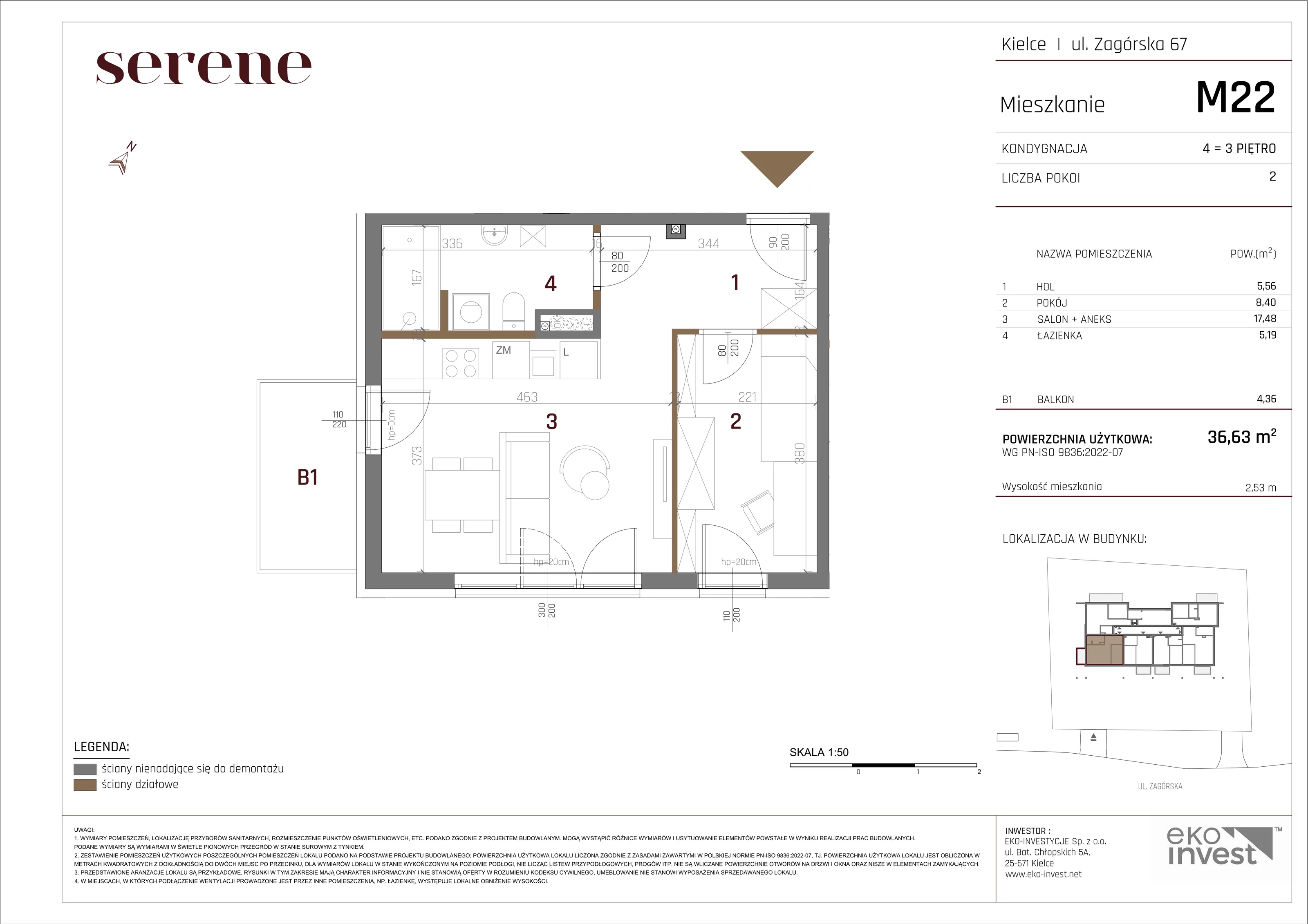 2 pokoje, mieszkanie 36,63 m², piętro 3, oferta nr M22, Apartamenty Serene , Kielce, KSM, ul. Zagórska