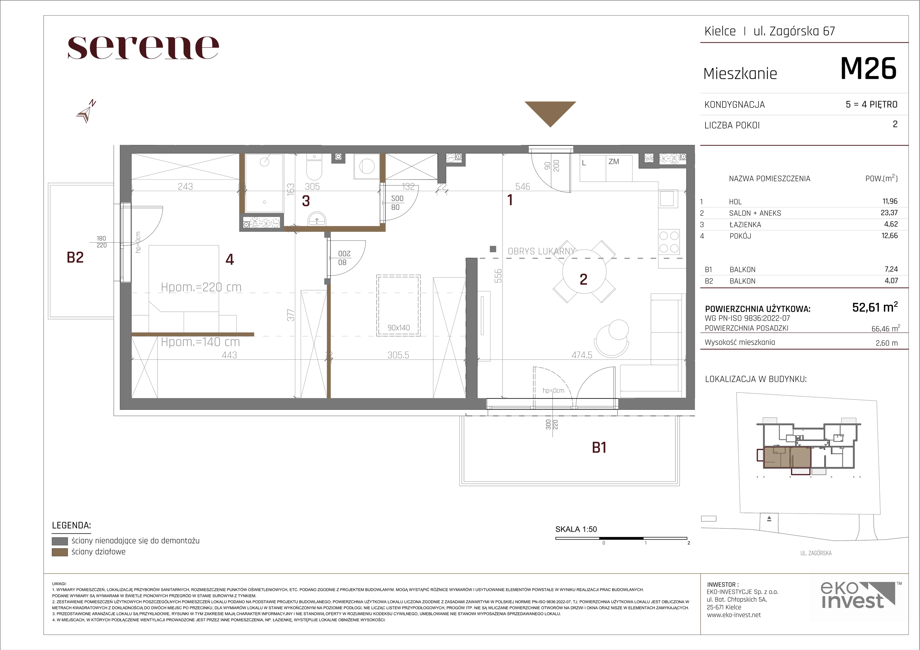 2 pokoje, mieszkanie 52,61 m², piętro 4, oferta nr M26, Apartamenty Serene , Kielce, KSM, ul. Zagórska