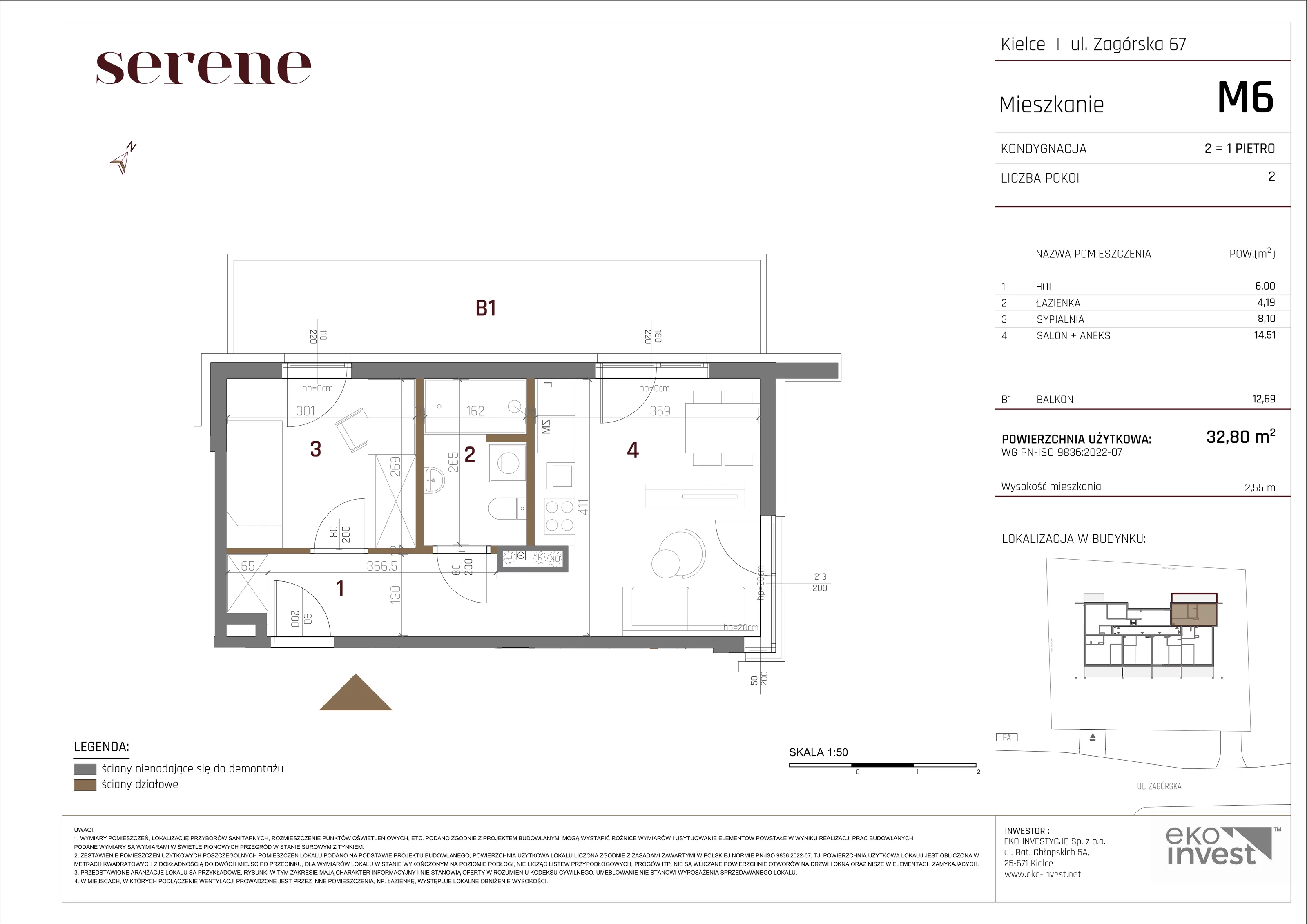 2 pokoje, mieszkanie 32,80 m², piętro 1, oferta nr M6, Apartamenty Serene , Kielce, KSM, ul. Zagórska