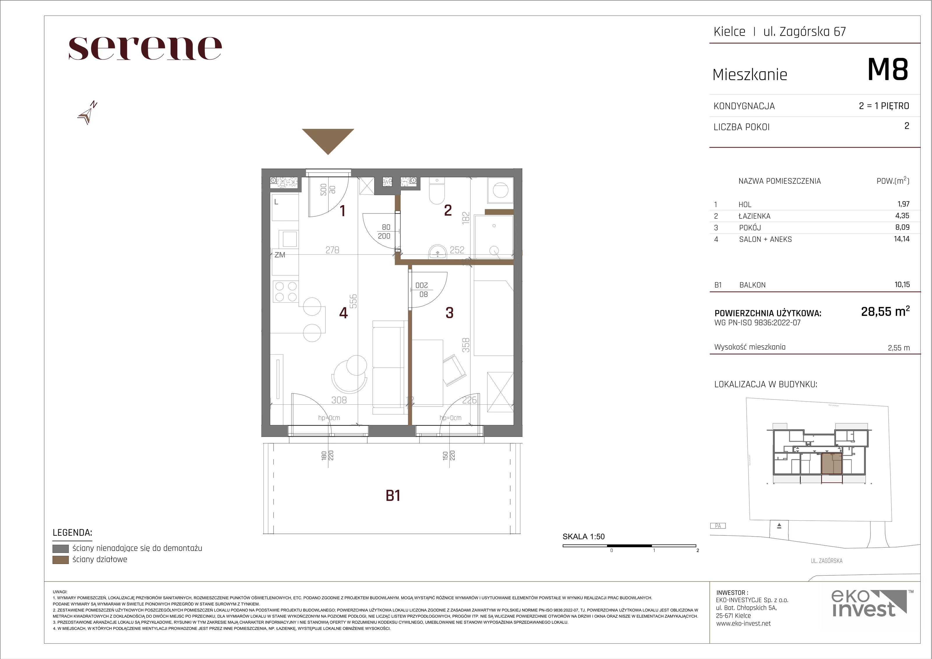 2 pokoje, mieszkanie 28,55 m², piętro 1, oferta nr M8, Apartamenty Serene , Kielce, KSM, ul. Zagórska