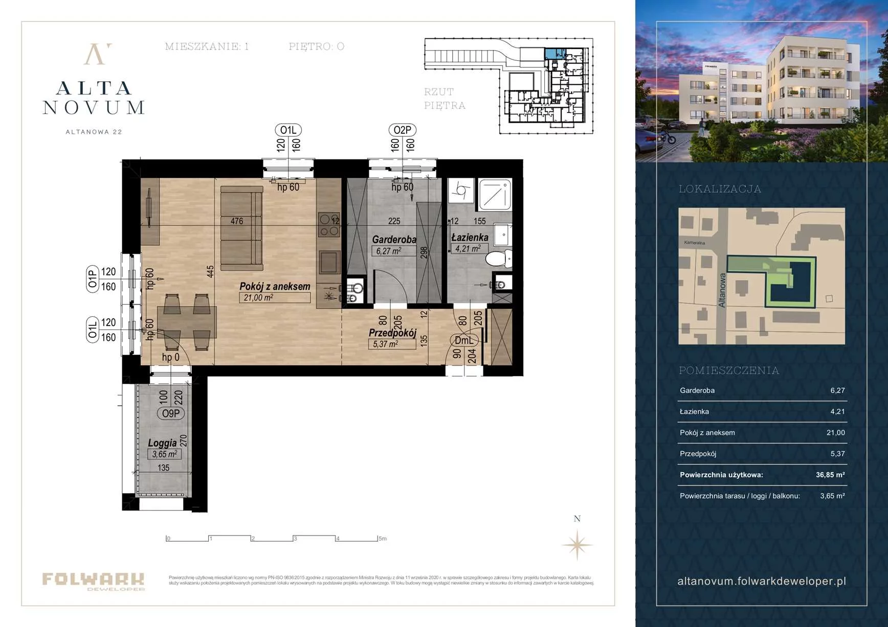 2 pokoje, mieszkanie 36,85 m², parter, oferta nr 1, Alta Novum, Bydgoszcz, Stary Fordon, ul Altanowa 22