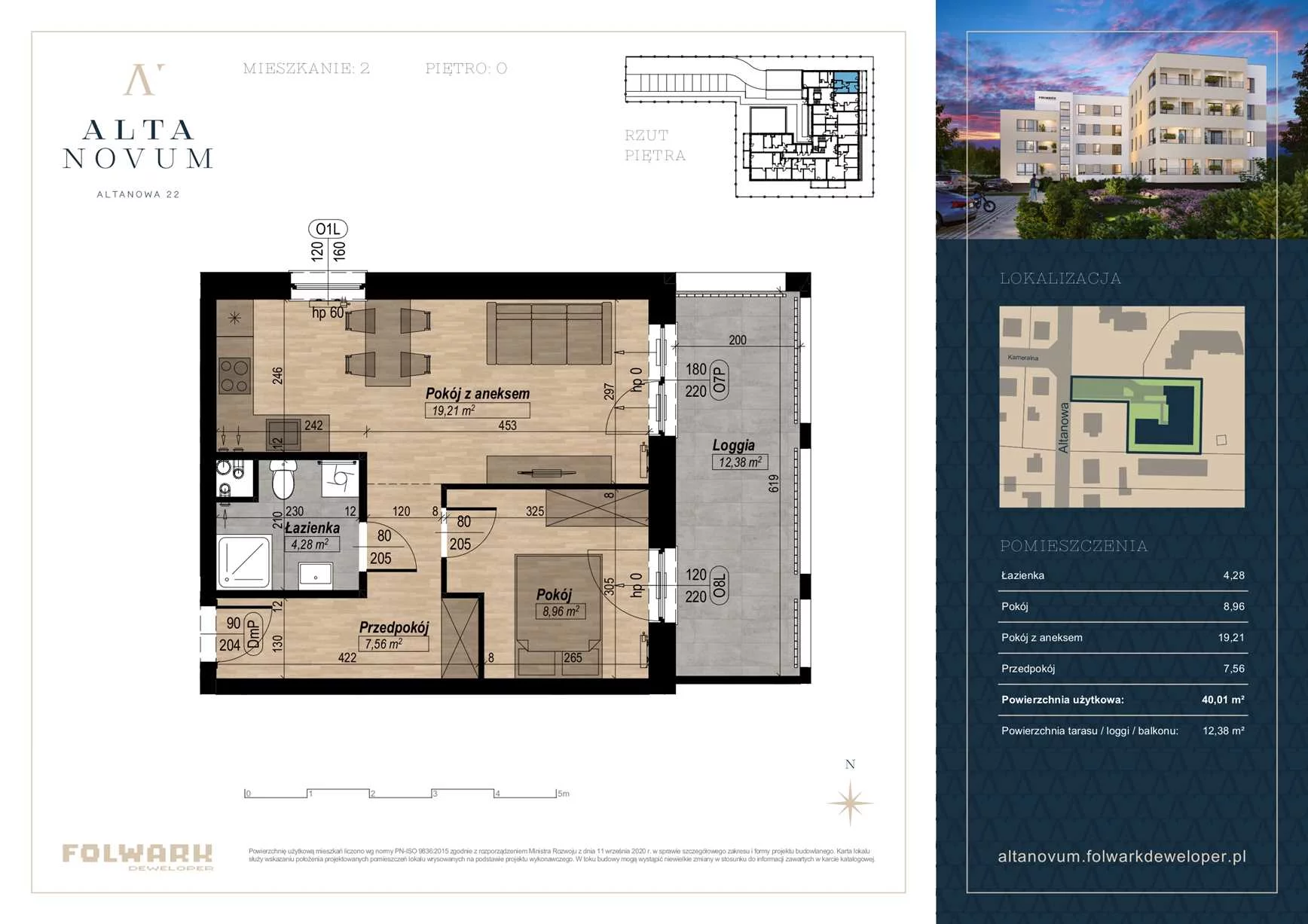 2 pokoje, mieszkanie 40,01 m², parter, oferta nr 2, Alta Novum, Bydgoszcz, Stary Fordon, ul Altanowa 22