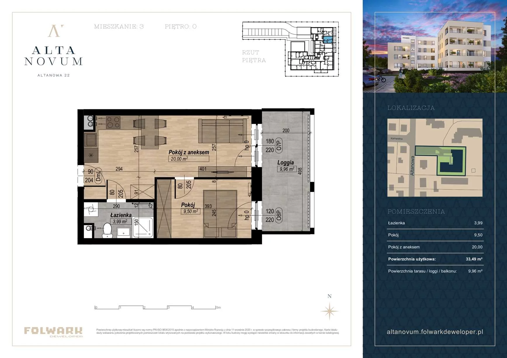 2 pokoje, mieszkanie 33,49 m², parter, oferta nr 3, Alta Novum, Bydgoszcz, Stary Fordon, ul Altanowa 22