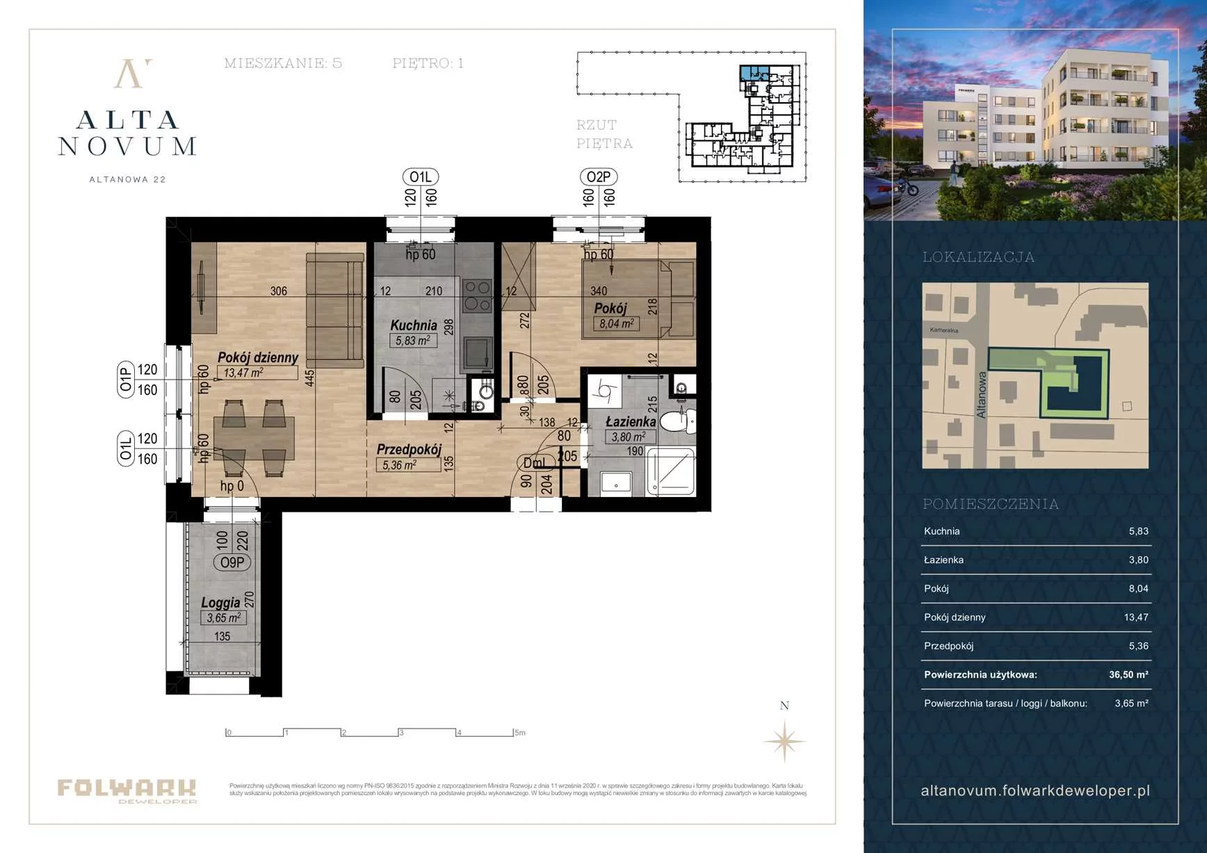 2 pokoje, mieszkanie 36,50 m², piętro 1, oferta nr 5, Alta Novum, Bydgoszcz, Stary Fordon, ul Altanowa 22