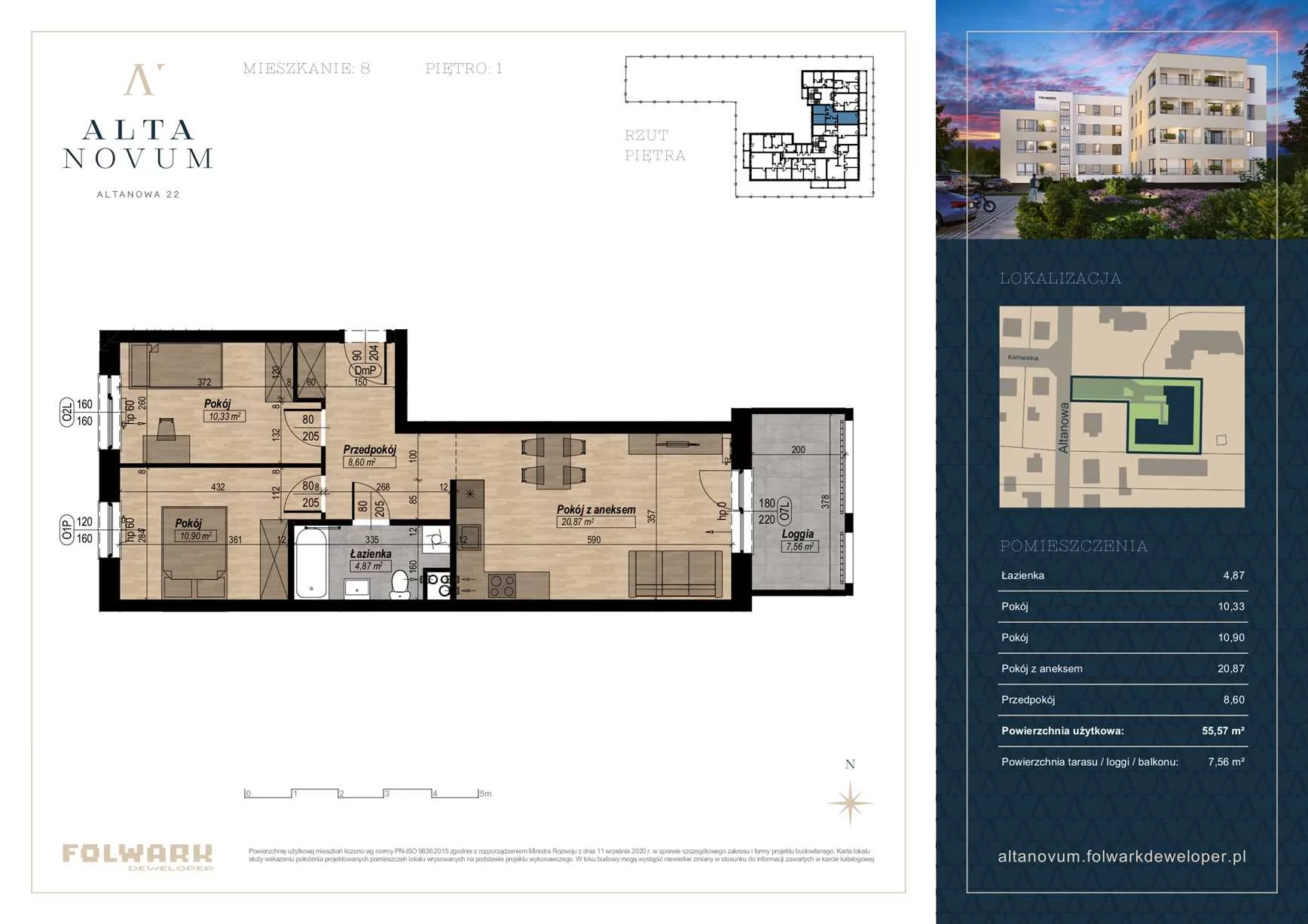 3 pokoje, mieszkanie 55,57 m², piętro 1, oferta nr 8, Alta Novum, Bydgoszcz, Stary Fordon, ul Altanowa 22