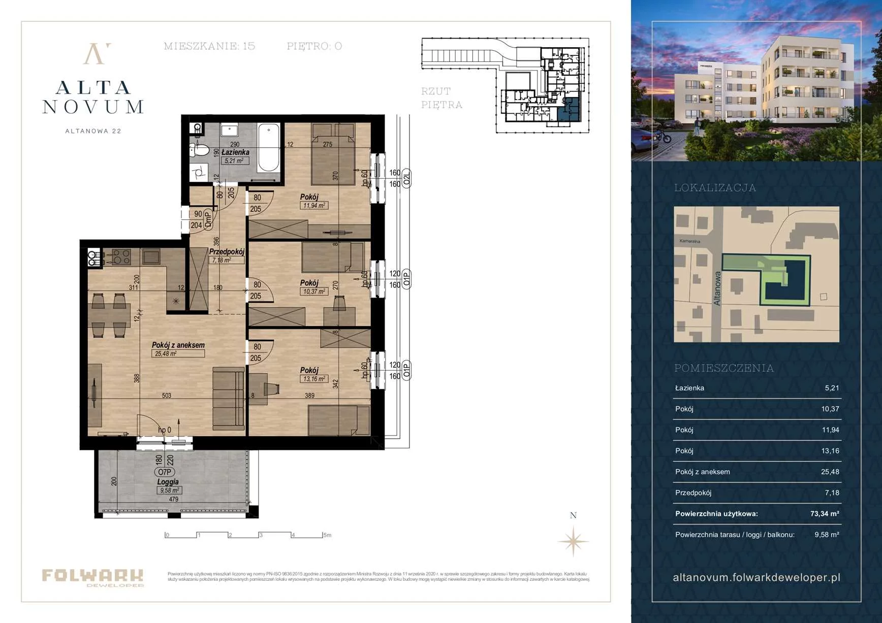 4 pokoje, mieszkanie 73,34 m², parter, oferta nr 15, Alta Novum, Bydgoszcz, Stary Fordon, ul Altanowa 22
