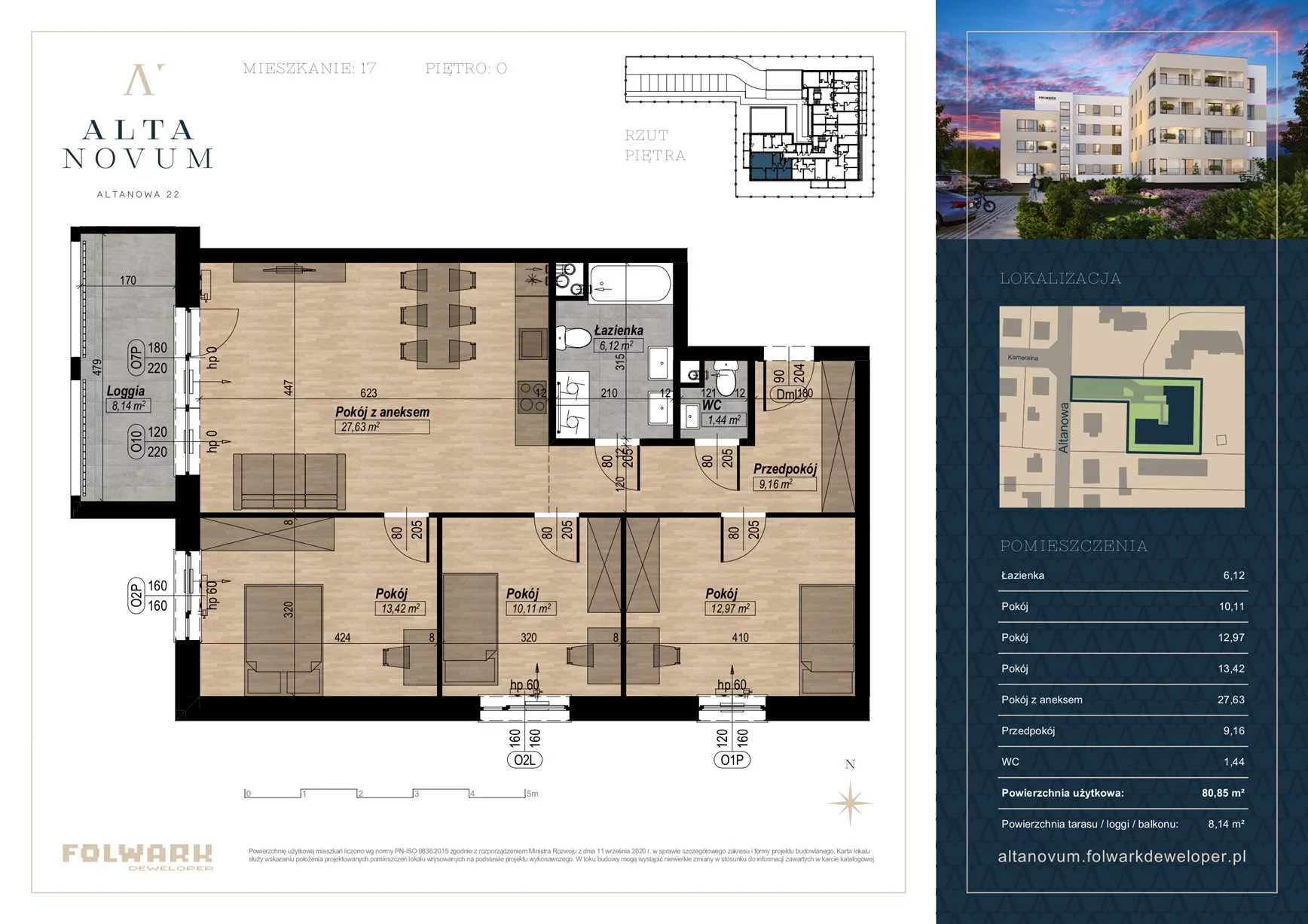 4 pokoje, mieszkanie 80,85 m², parter, oferta nr 17, Alta Novum, Bydgoszcz, Stary Fordon, ul Altanowa 22