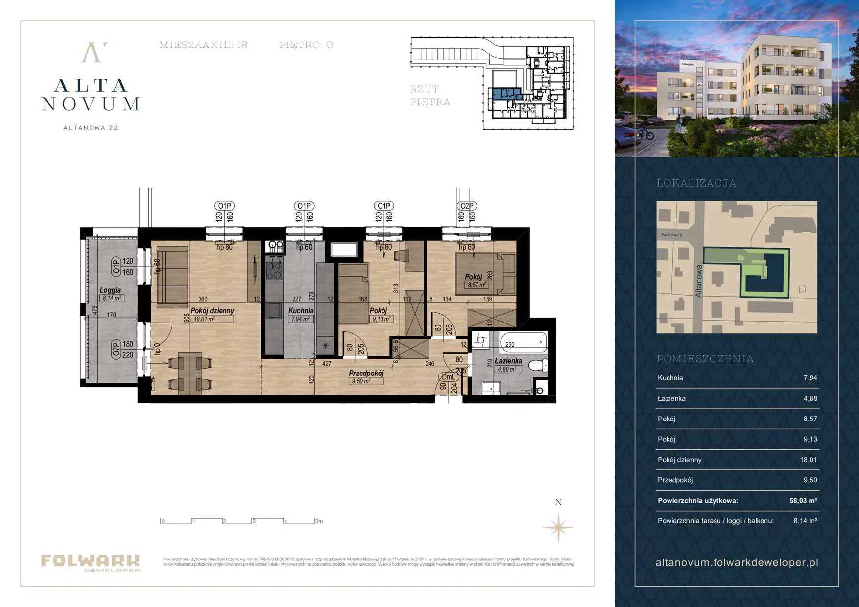 3 pokoje, mieszkanie 58,03 m², parter, oferta nr 18, Alta Novum, Bydgoszcz, Stary Fordon, ul Altanowa 22