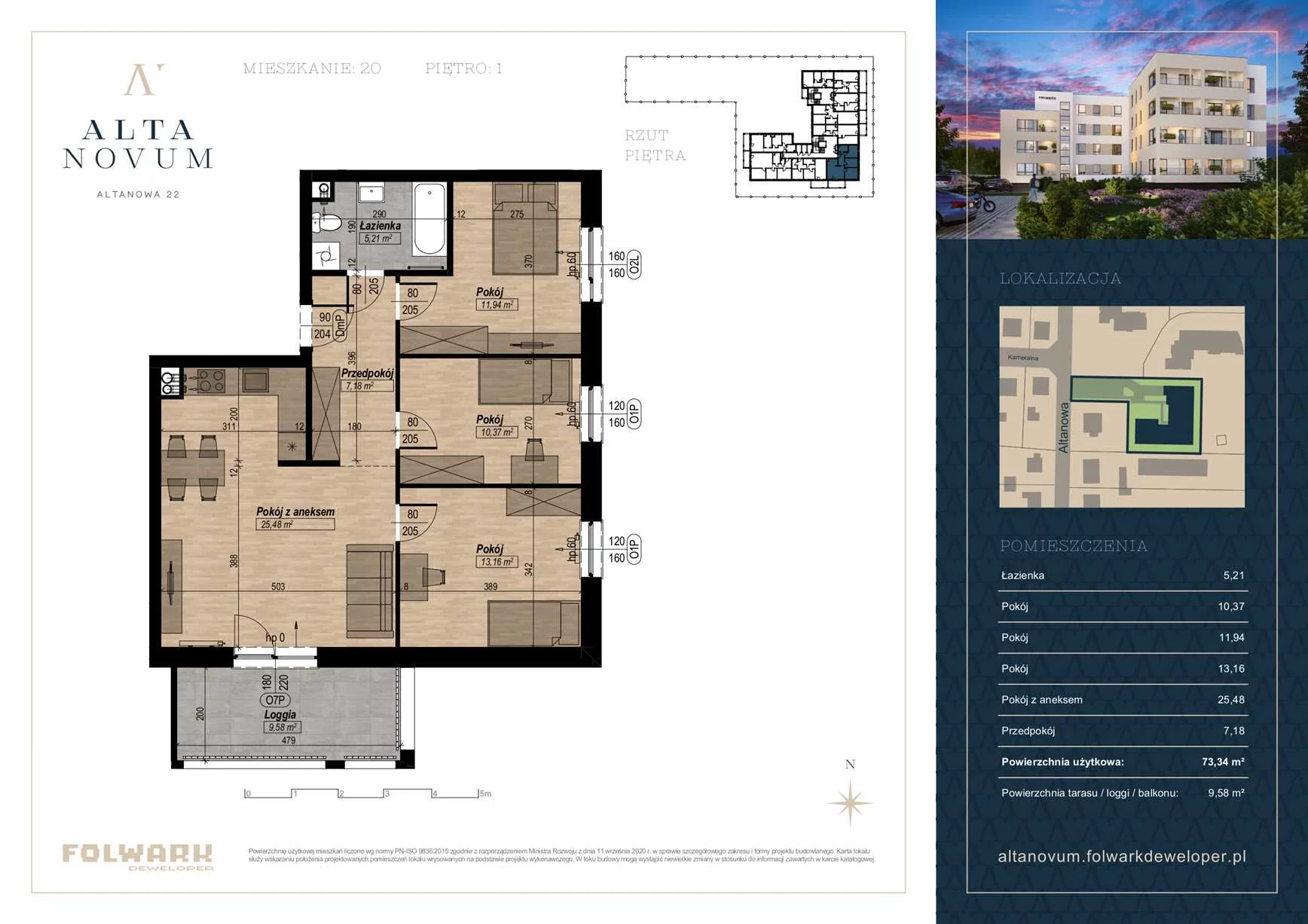 4 pokoje, mieszkanie 73,34 m², piętro 1, oferta nr 20, Alta Novum, Bydgoszcz, Stary Fordon, ul Altanowa 22