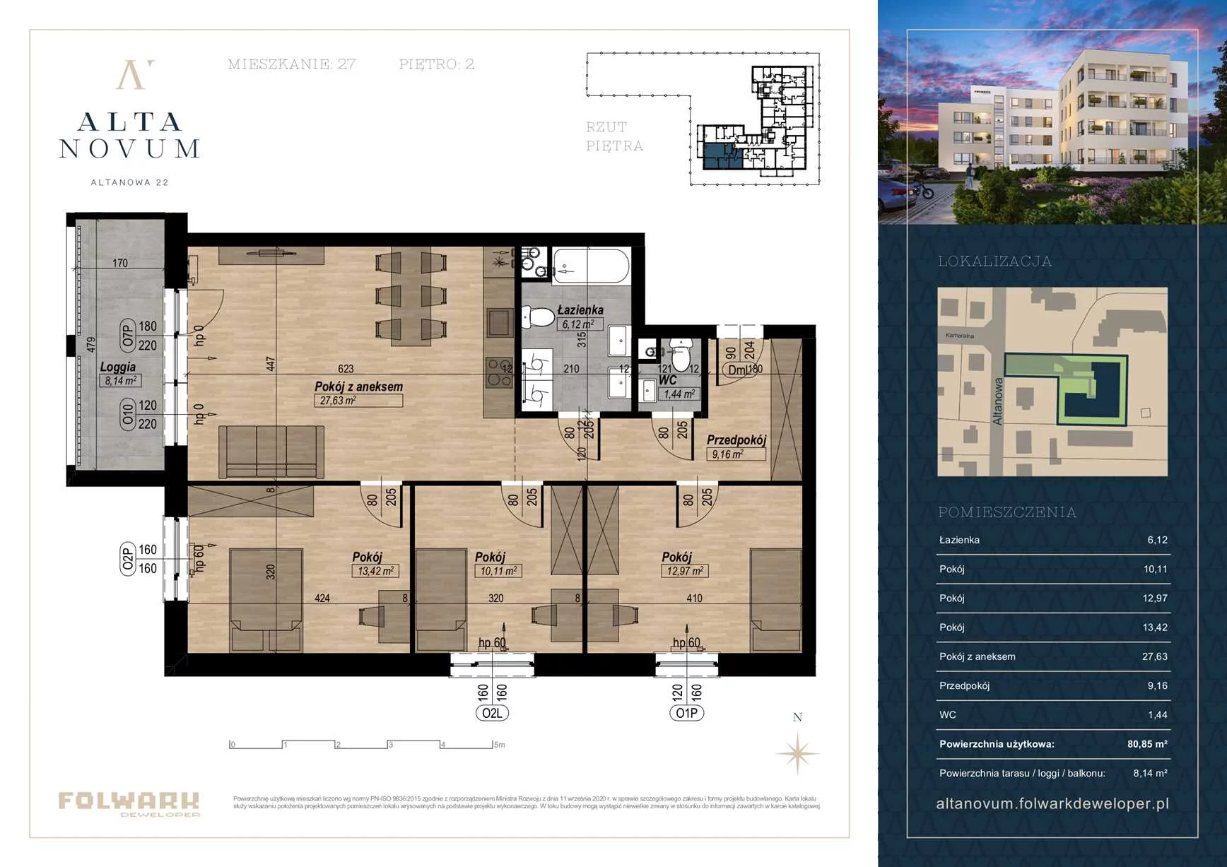 4 pokoje, mieszkanie 80,85 m², piętro 2, oferta nr 27, Alta Novum, Bydgoszcz, Stary Fordon, ul Altanowa 22