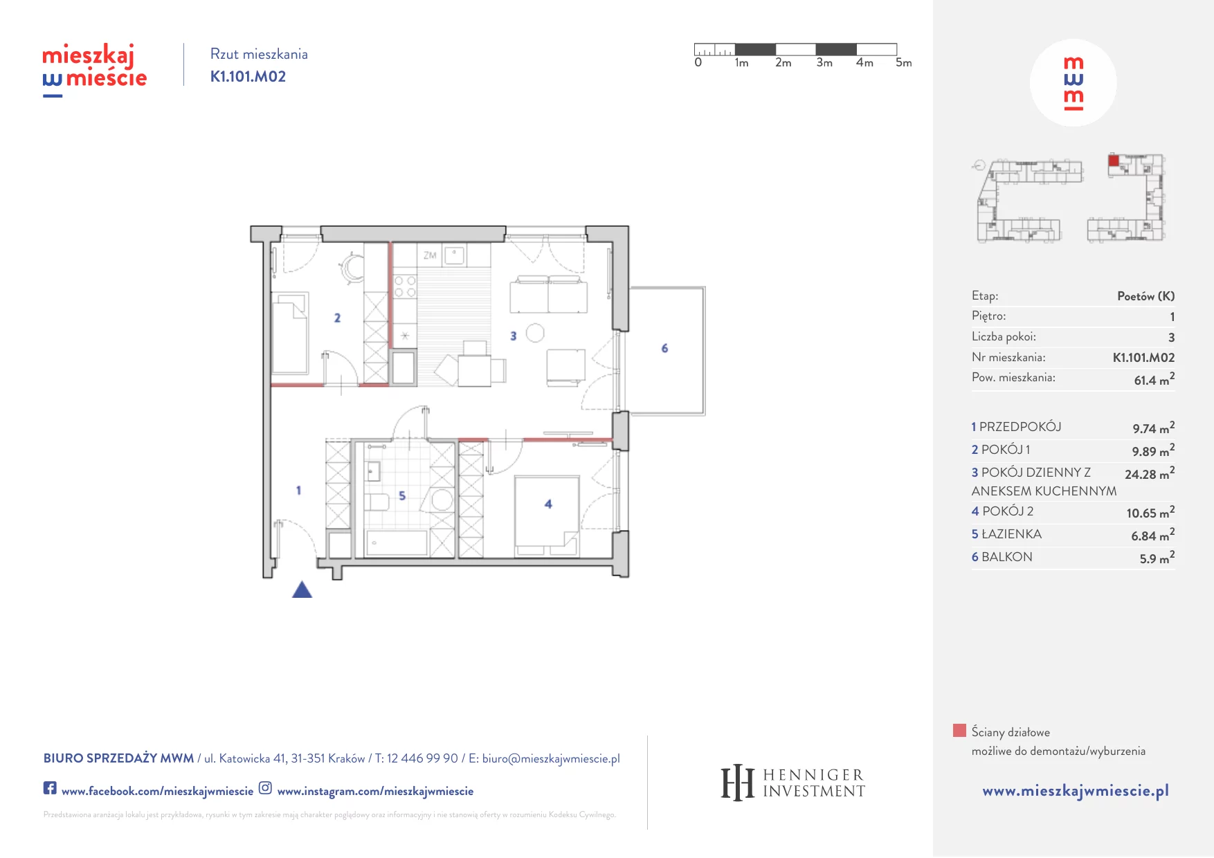 Mieszkanie 61,27 m², piętro 1, oferta nr K1.101.M02, Mieszkaj w Mieście - Poetów K, Kraków, Bronowice, ul. Wizjonerów