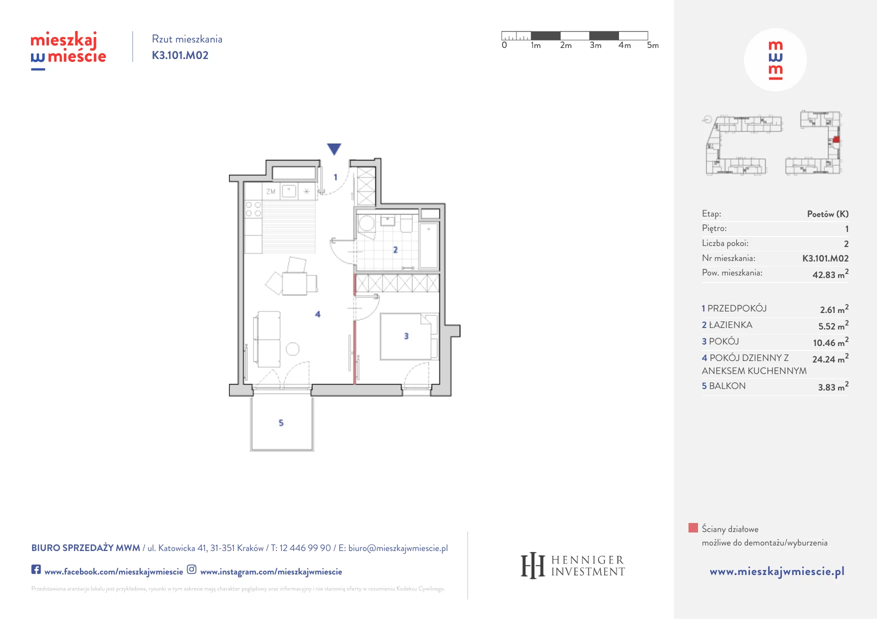 Mieszkanie 42,63 m², piętro 1, oferta nr K3.101.M02, Mieszkaj w Mieście - Poetów K, Kraków, Bronowice, ul. Wizjonerów