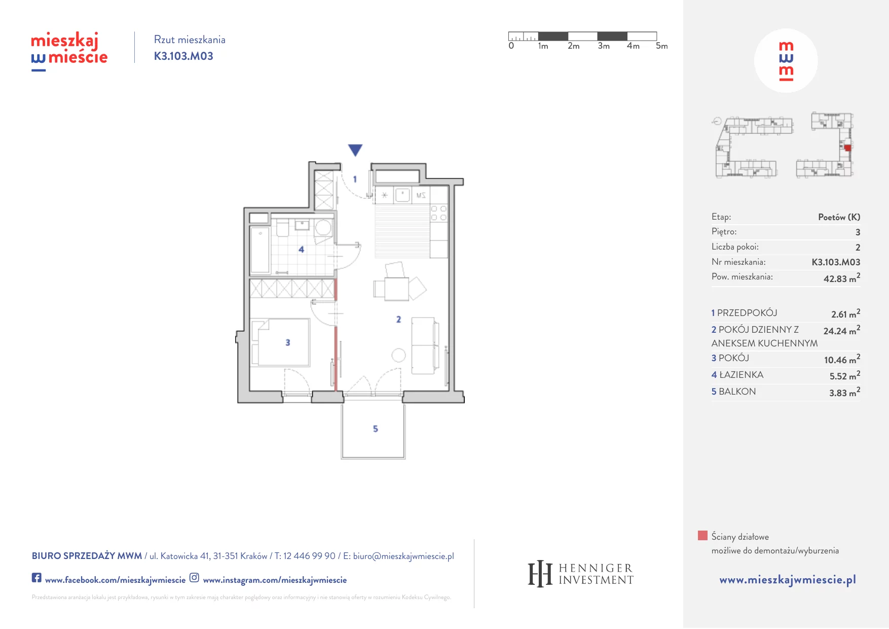 Mieszkanie 42,66 m², piętro 3, oferta nr K3.103.M03, Mieszkaj w Mieście - Poetów K, Kraków, Bronowice, ul. Wizjonerów