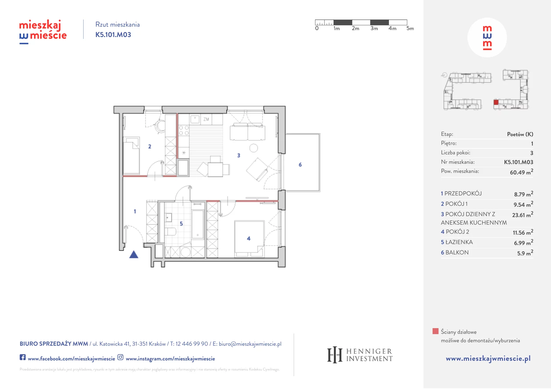 Mieszkanie 60,21 m², piętro 1, oferta nr K5.101.M03, Mieszkaj w Mieście - Poetów K, Kraków, Bronowice, ul. Wizjonerów-idx