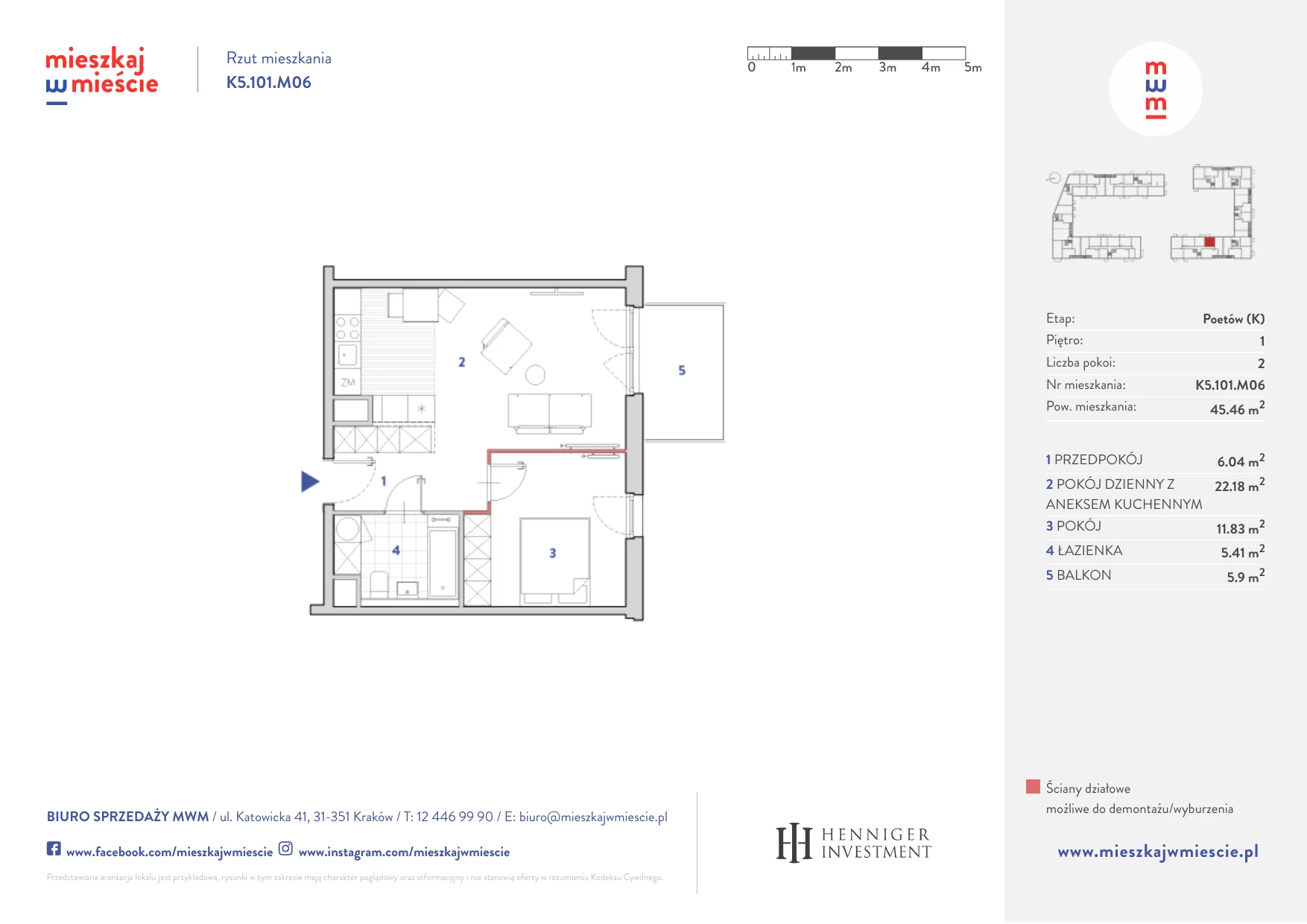 Mieszkanie 45,33 m², piętro 1, oferta nr K5.101.M06, Mieszkaj w Mieście - Poetów K, Kraków, Bronowice, ul. Wizjonerów