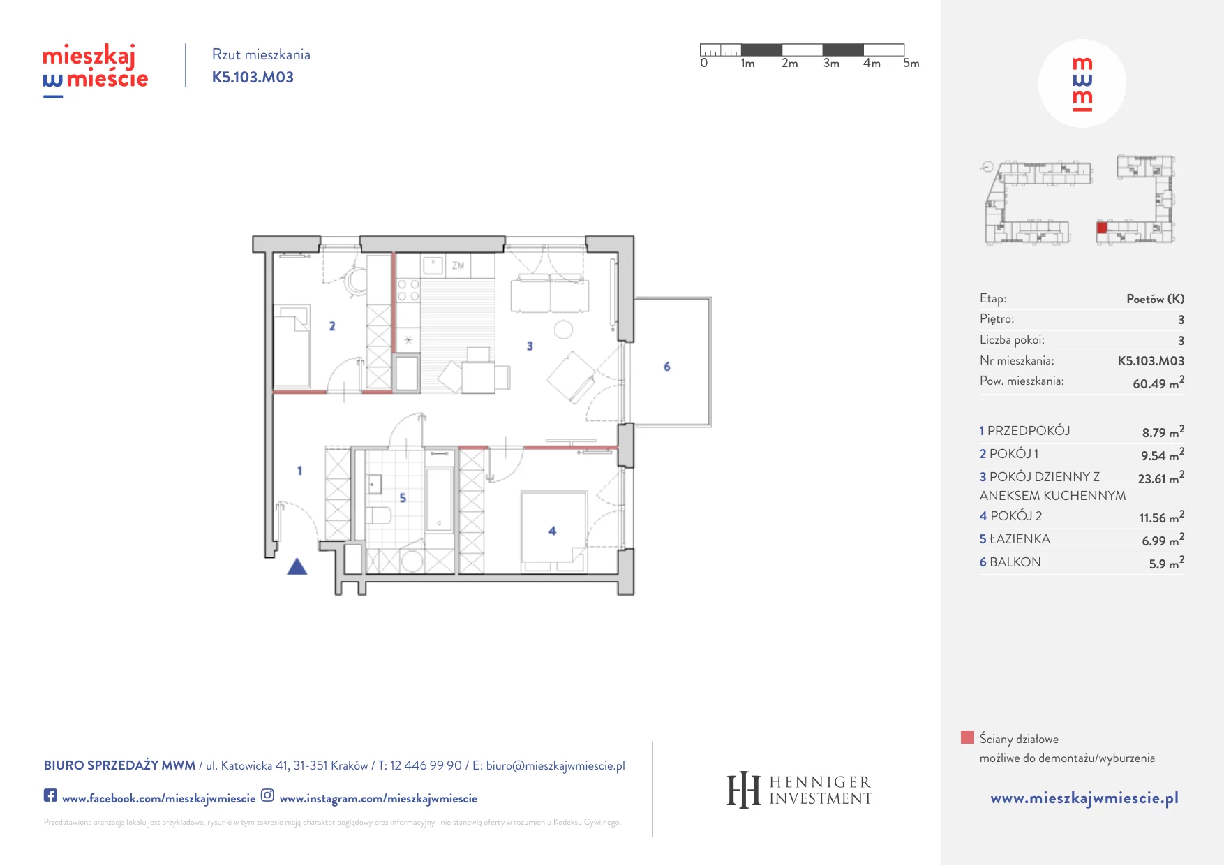 Mieszkanie 60,34 m², piętro 3, oferta nr K5.103.M03, Mieszkaj w Mieście - Poetów K, Kraków, Bronowice, ul. Wizjonerów