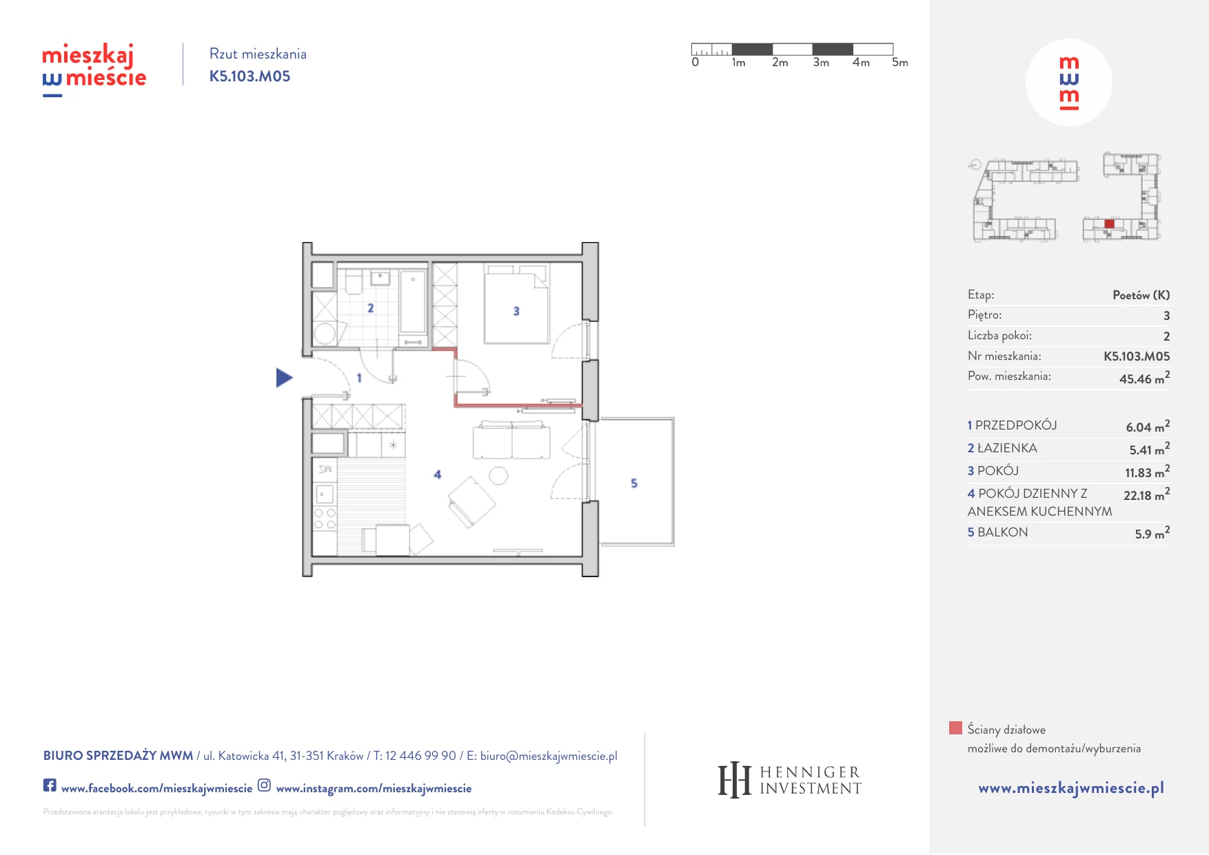 Mieszkanie 45,40 m², piętro 3, oferta nr K5.103.M05, Mieszkaj w Mieście - Poetów K, Kraków, Bronowice, ul. Wizjonerów