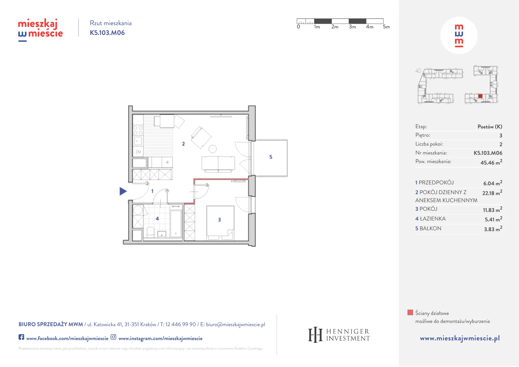 Mieszkanie 45,41 m², piętro 3, oferta nr K5.103.M06, Mieszkaj w Mieście - Poetów K, Kraków, Bronowice, ul. Wizjonerów