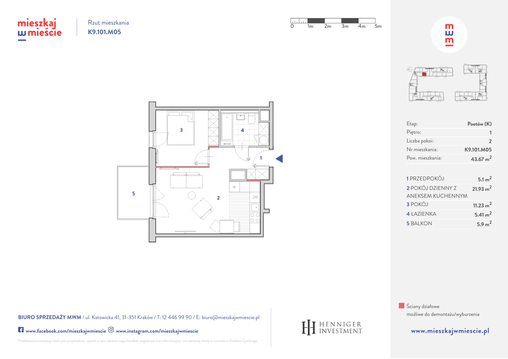 Mieszkanie 43,73 m², piętro 1, oferta nr K9.101.M05, Mieszkaj w Mieście - Poetów K, Kraków, Bronowice, ul. Wizjonerów