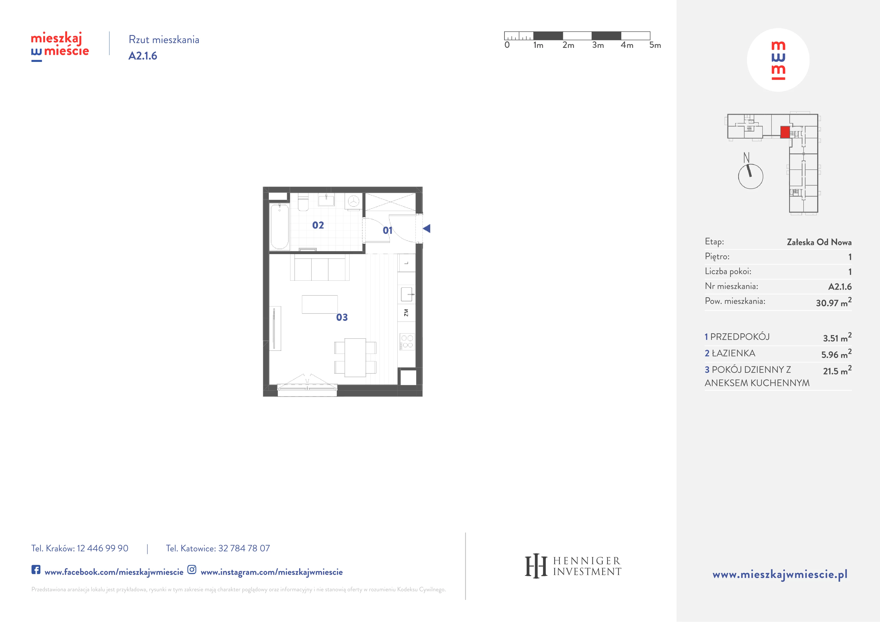 1 pokój, mieszkanie 30,97 m², piętro 1, oferta nr A2.1.6, Mieszkaj w mieście Załęska od Nowa, Katowice, Załęska Hałda-Brynów, Załęska Hałda, ul. Załęska Hałda
