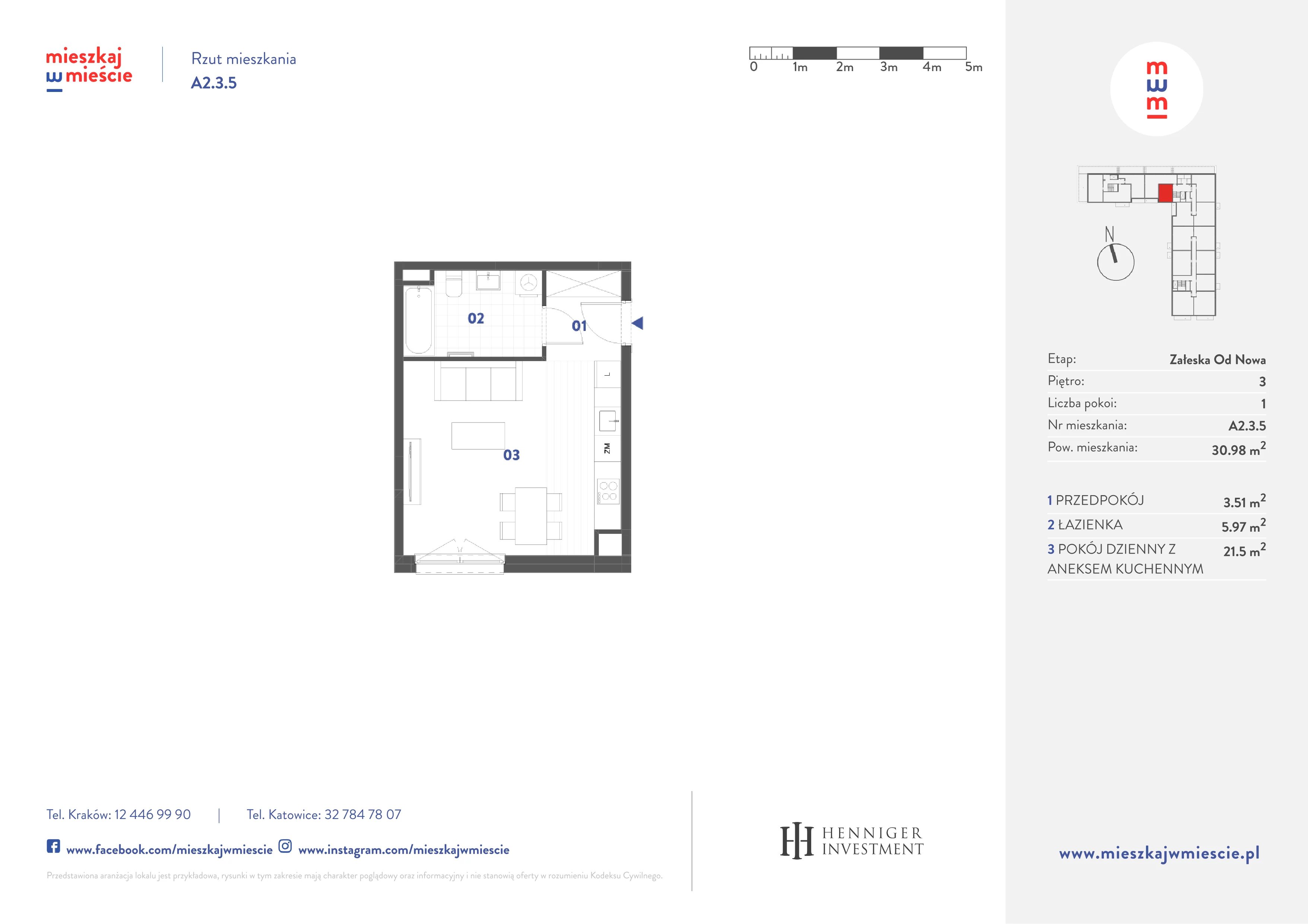 1 pokój, mieszkanie 30,98 m², piętro 3, oferta nr A2.3.5, Mieszkaj w mieście Załęska od Nowa, Katowice, Załęska Hałda-Brynów, Załęska Hałda, ul. Załęska Hałda