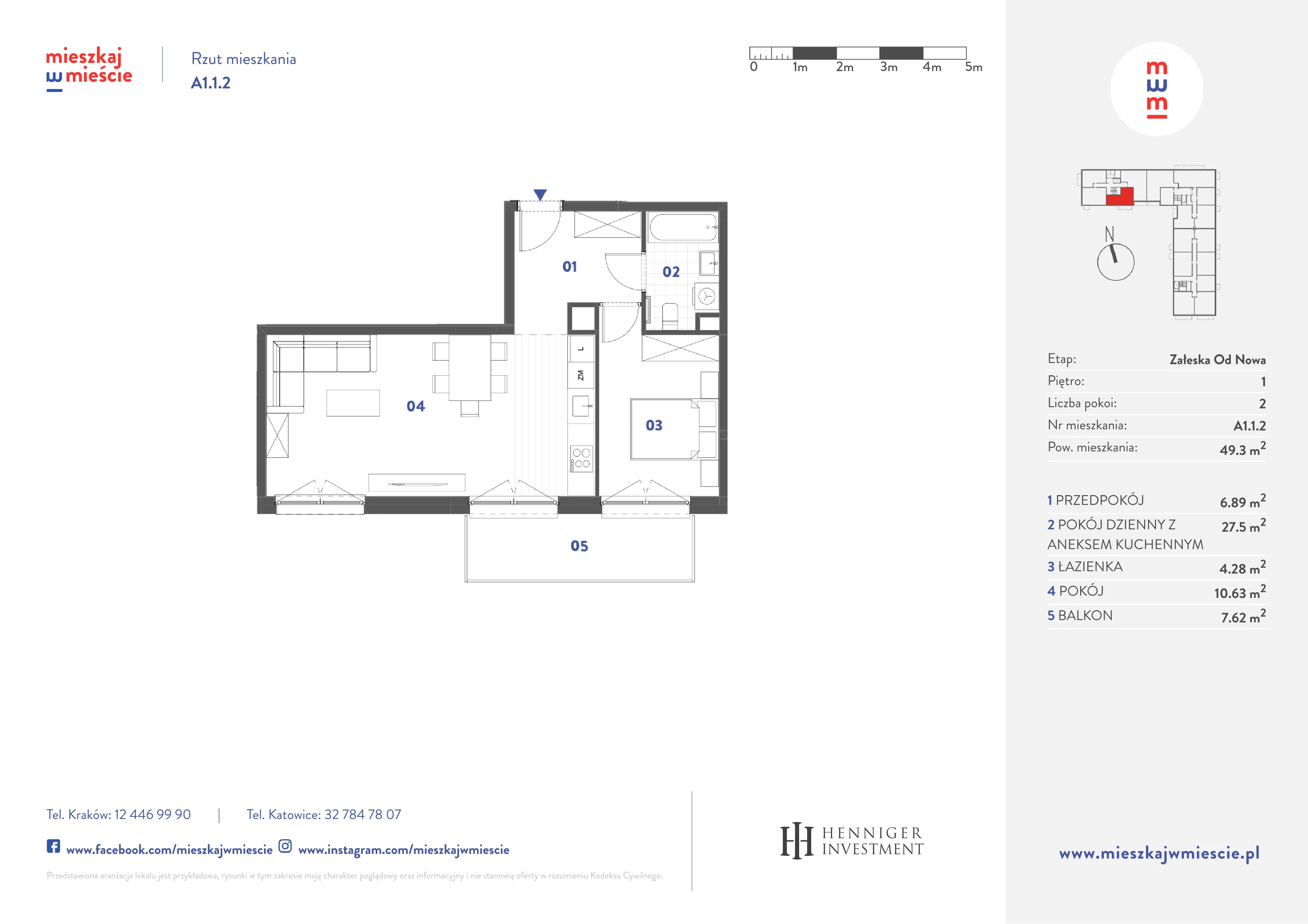 2 pokoje, mieszkanie 49,30 m², piętro 1, oferta nr A1.1.2, Mieszkaj w mieście Załęska od Nowa, Katowice, Załęska Hałda-Brynów, Załęska Hałda, ul. Załęska Hałda