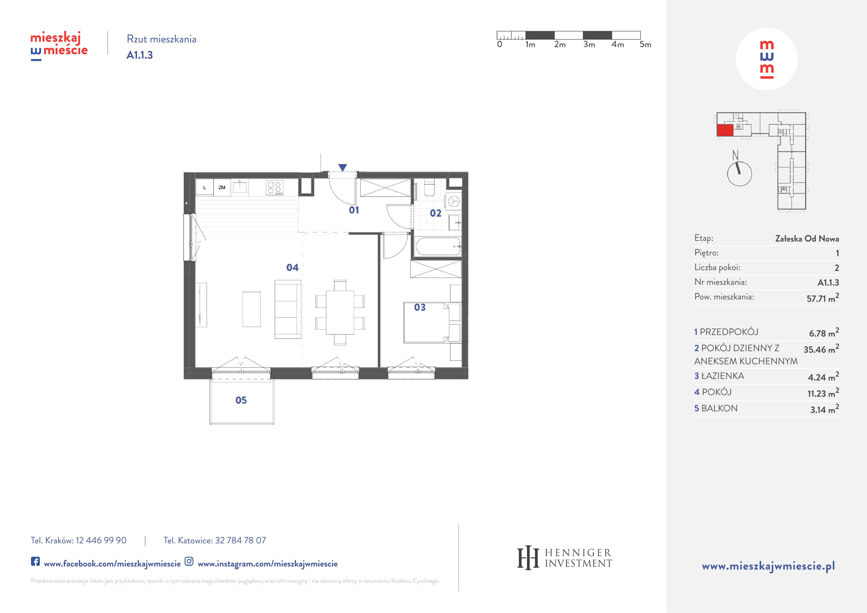 2 pokoje, mieszkanie 57,71 m², piętro 1, oferta nr A1.1.3, Mieszkaj w mieście Załęska od Nowa, Katowice, Załęska Hałda-Brynów, Załęska Hałda, ul. Załęska Hałda